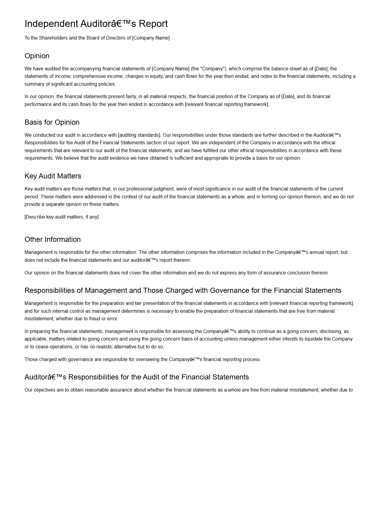 Independent Auditor’s Report Template for Public Companies