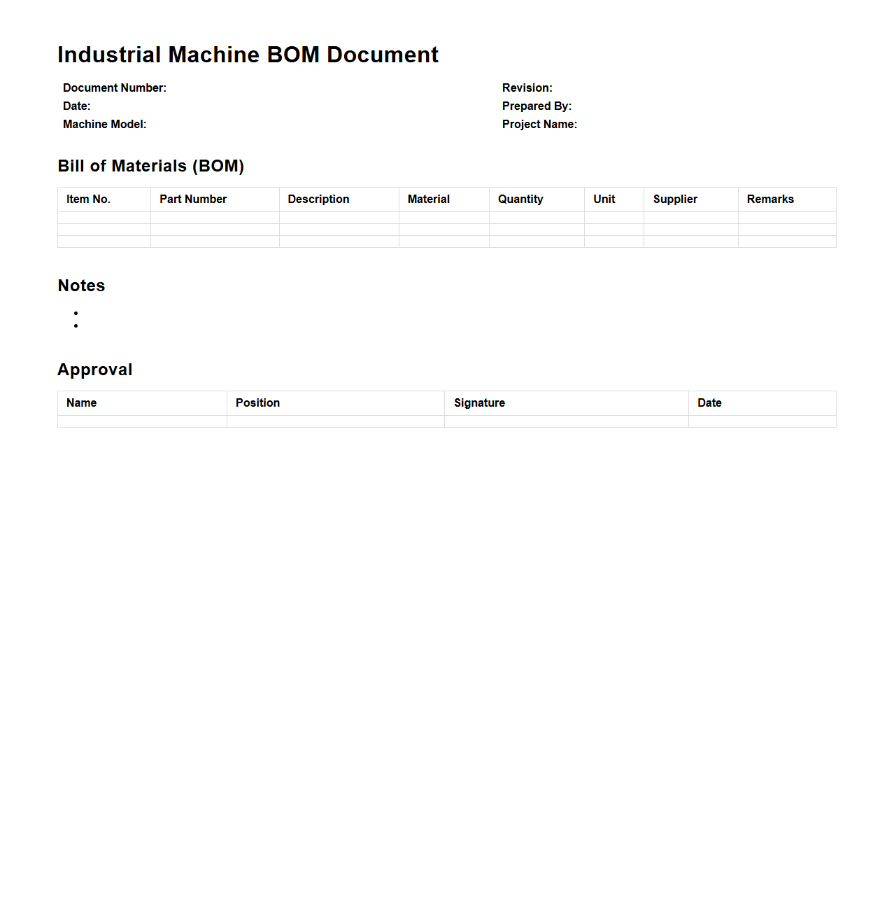 Industrial Machine BOM Document