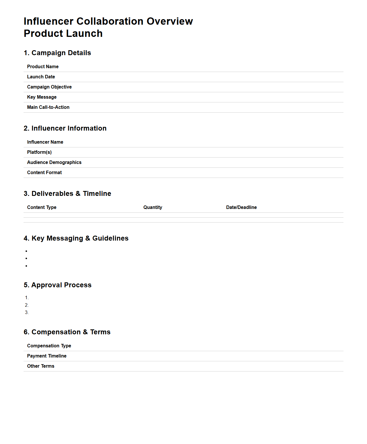 Influencer Collaboration Overview Document for Product Launches