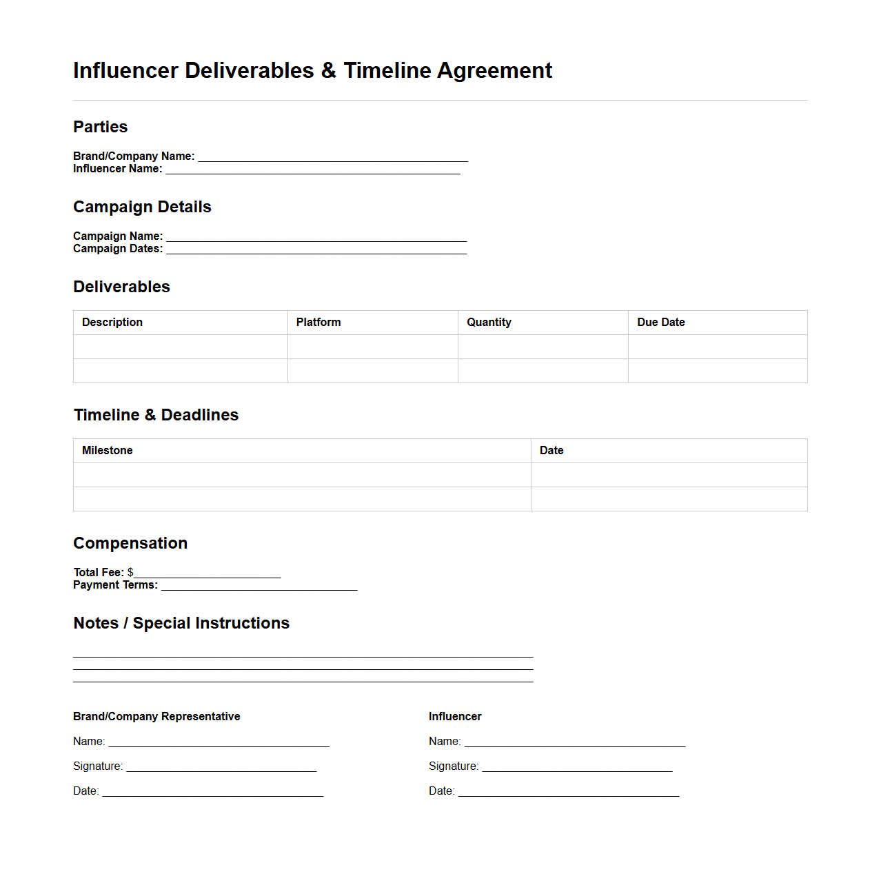 Influencer Deliverables and Timeline Agreement