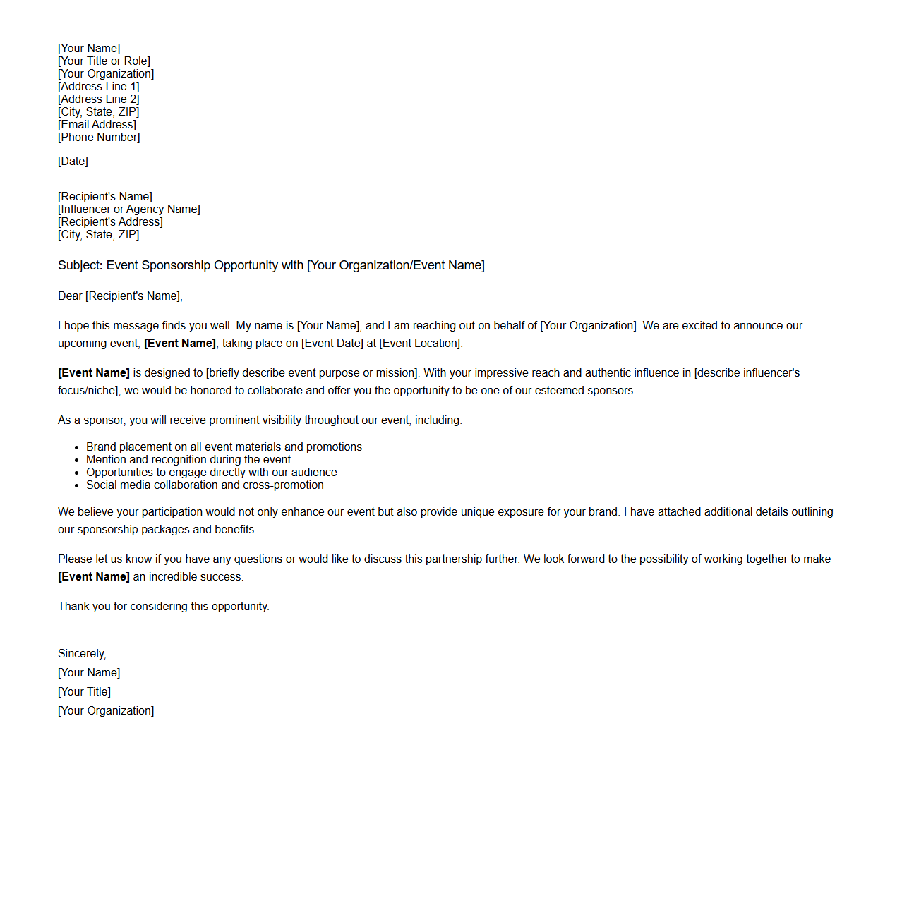 Influencer Event Sponsorship Solicitation Letter