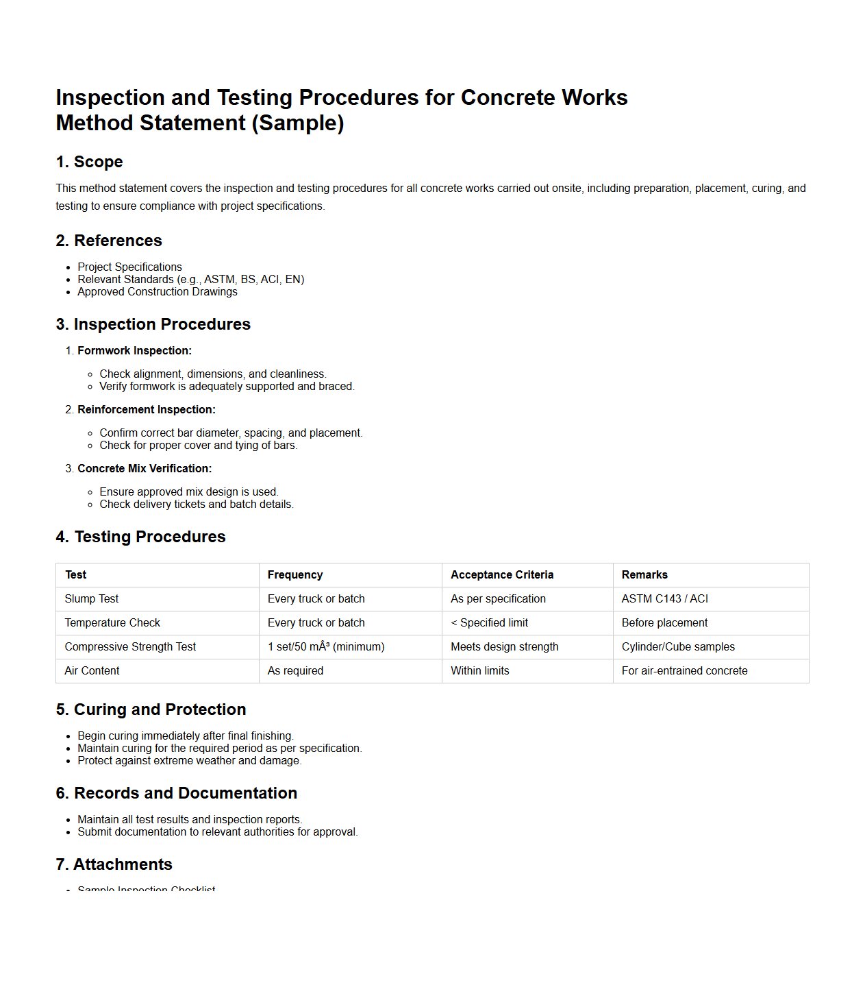 Inspection and Testing Procedures for Concrete Works Method Statement