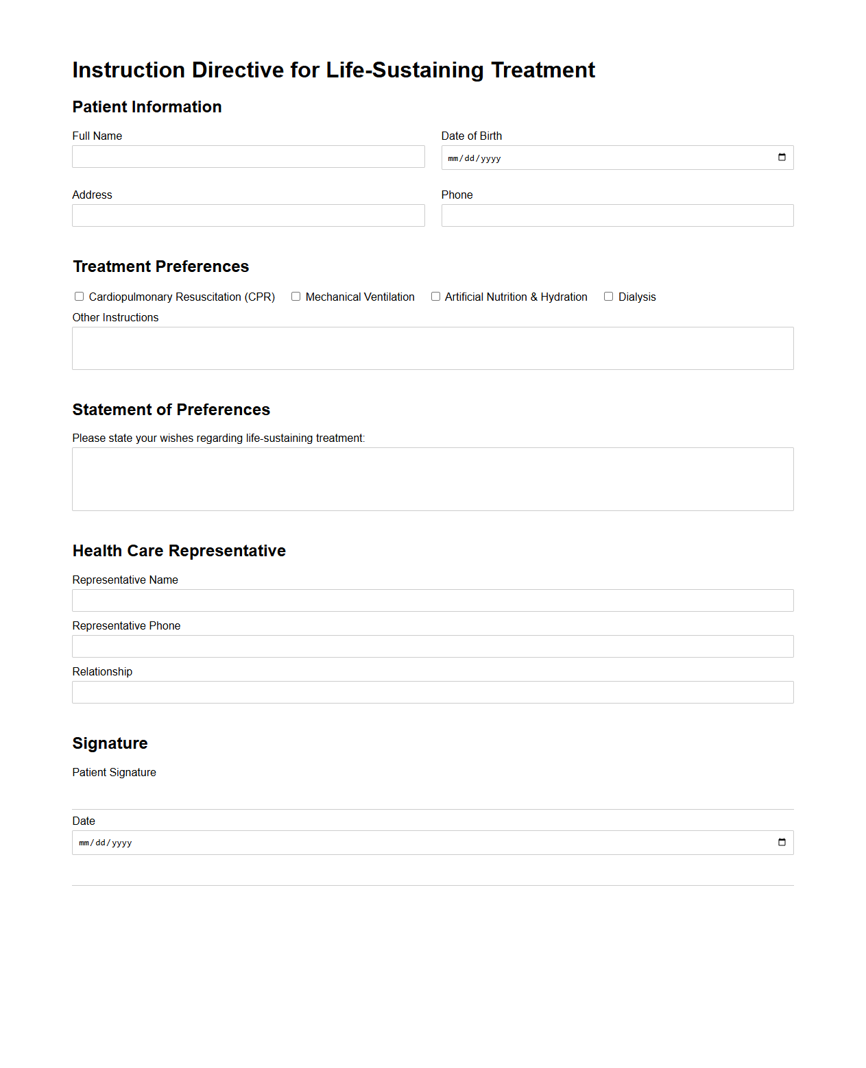 Instruction Directive for Life-Sustaining Treatment