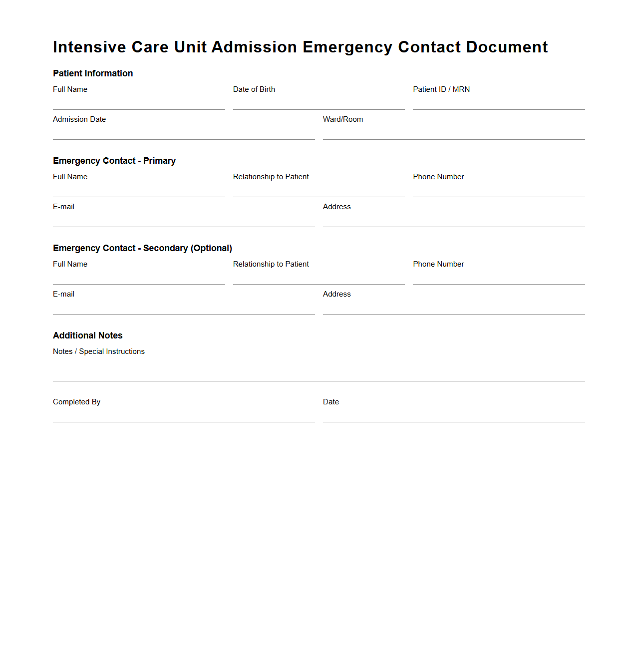 Intensive Care Unit Admission Emergency Contact Document