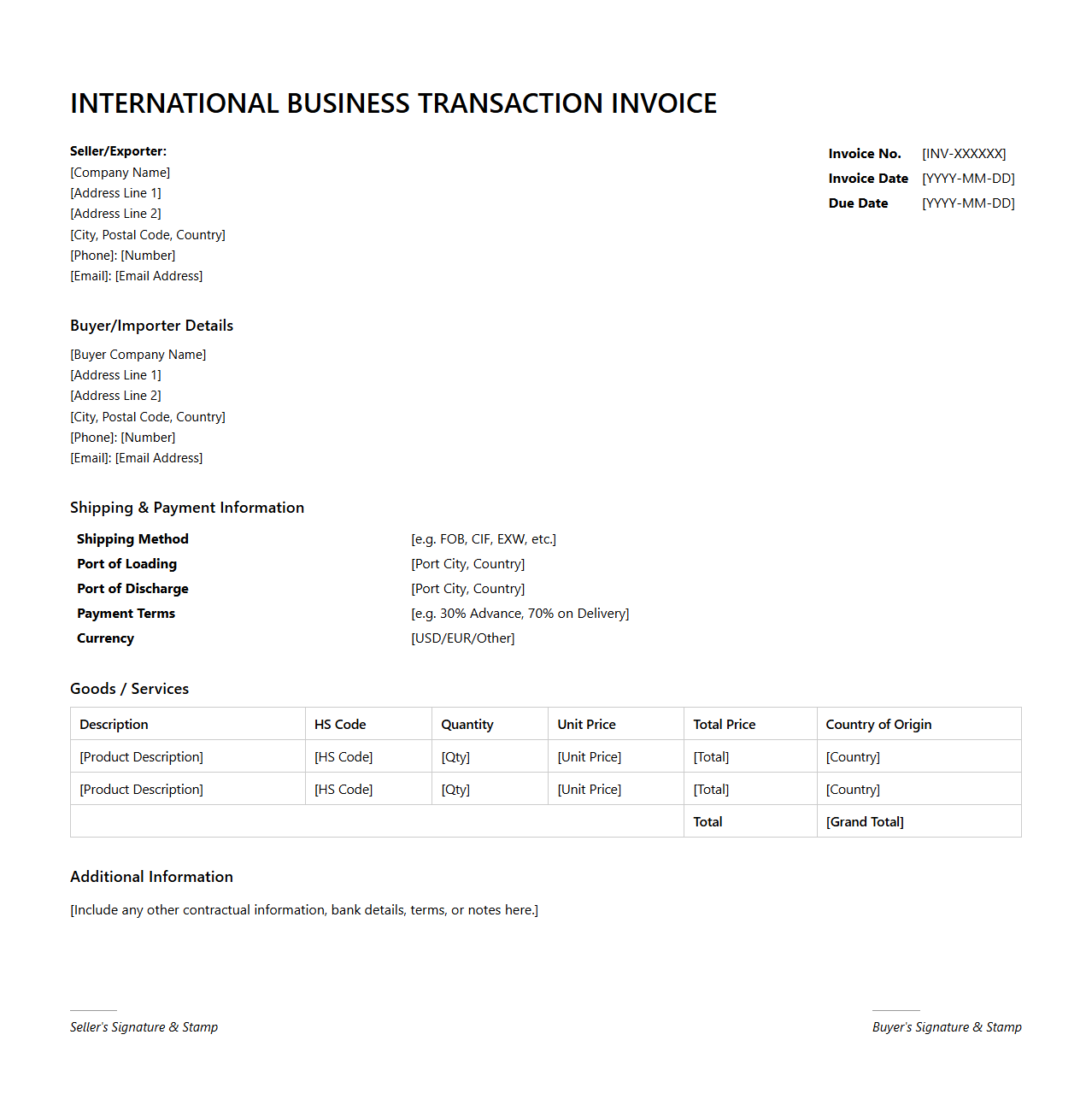 International Business Transaction Invoice Model