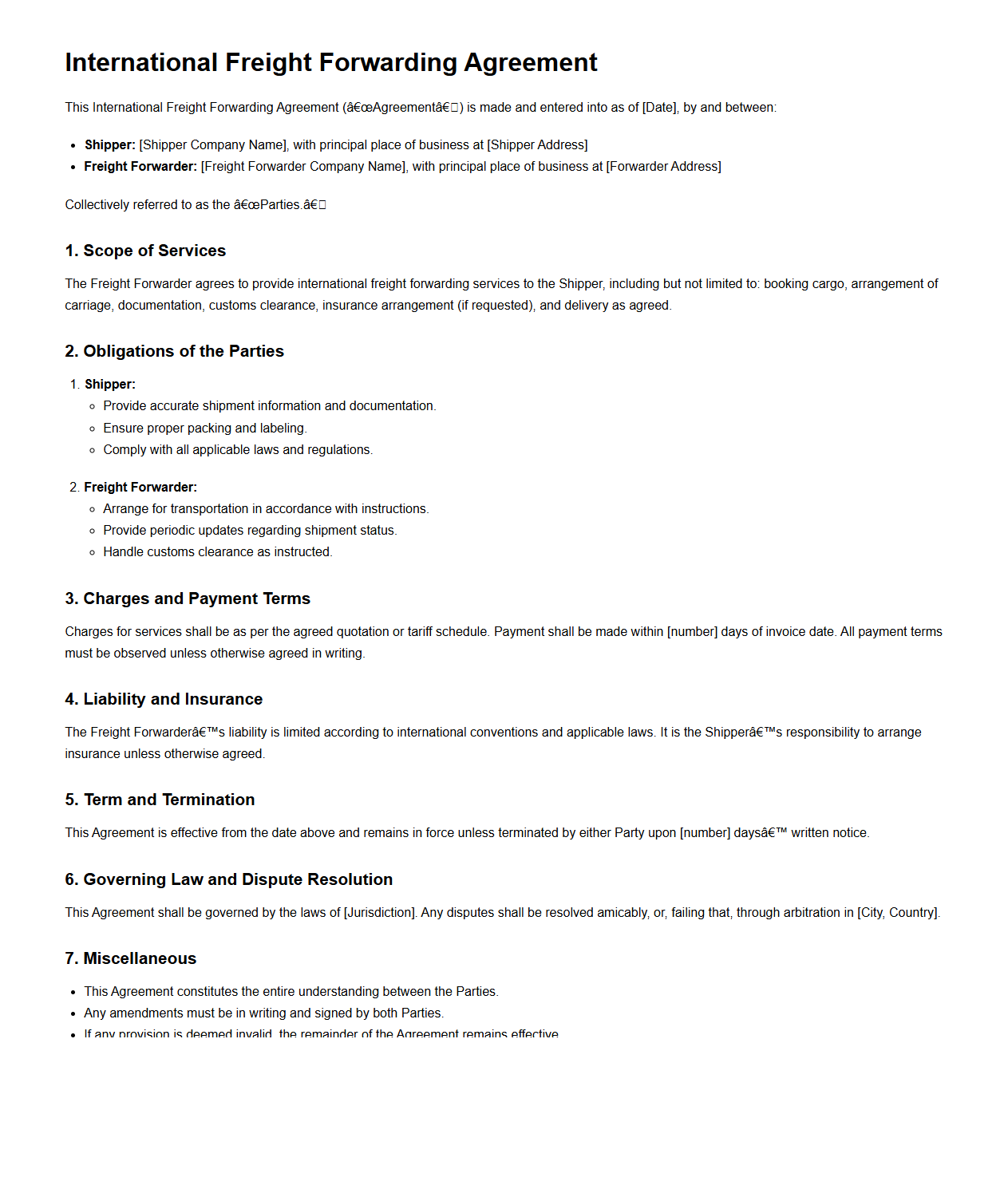 International Freight Forwarding Agreement Template