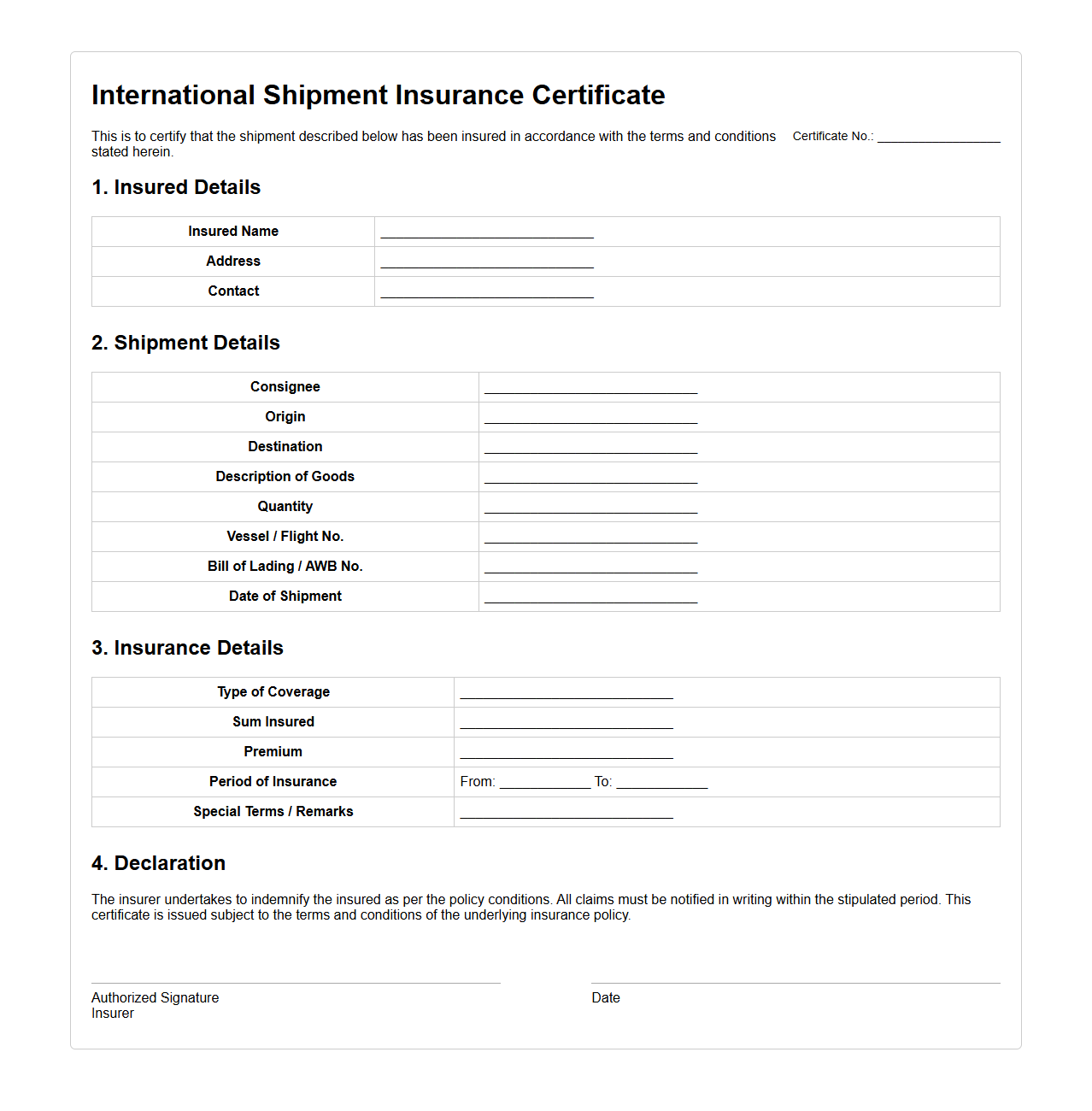 International Shipment Insurance Certificate Sample
