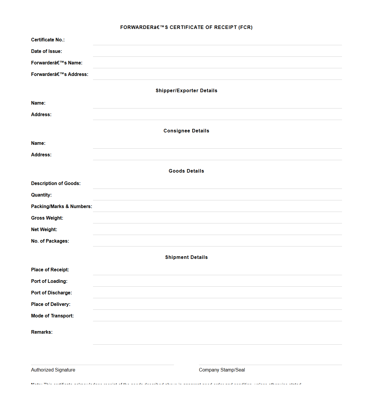 International Shipping Agent Forwarder’s Certificate of Receipt Format