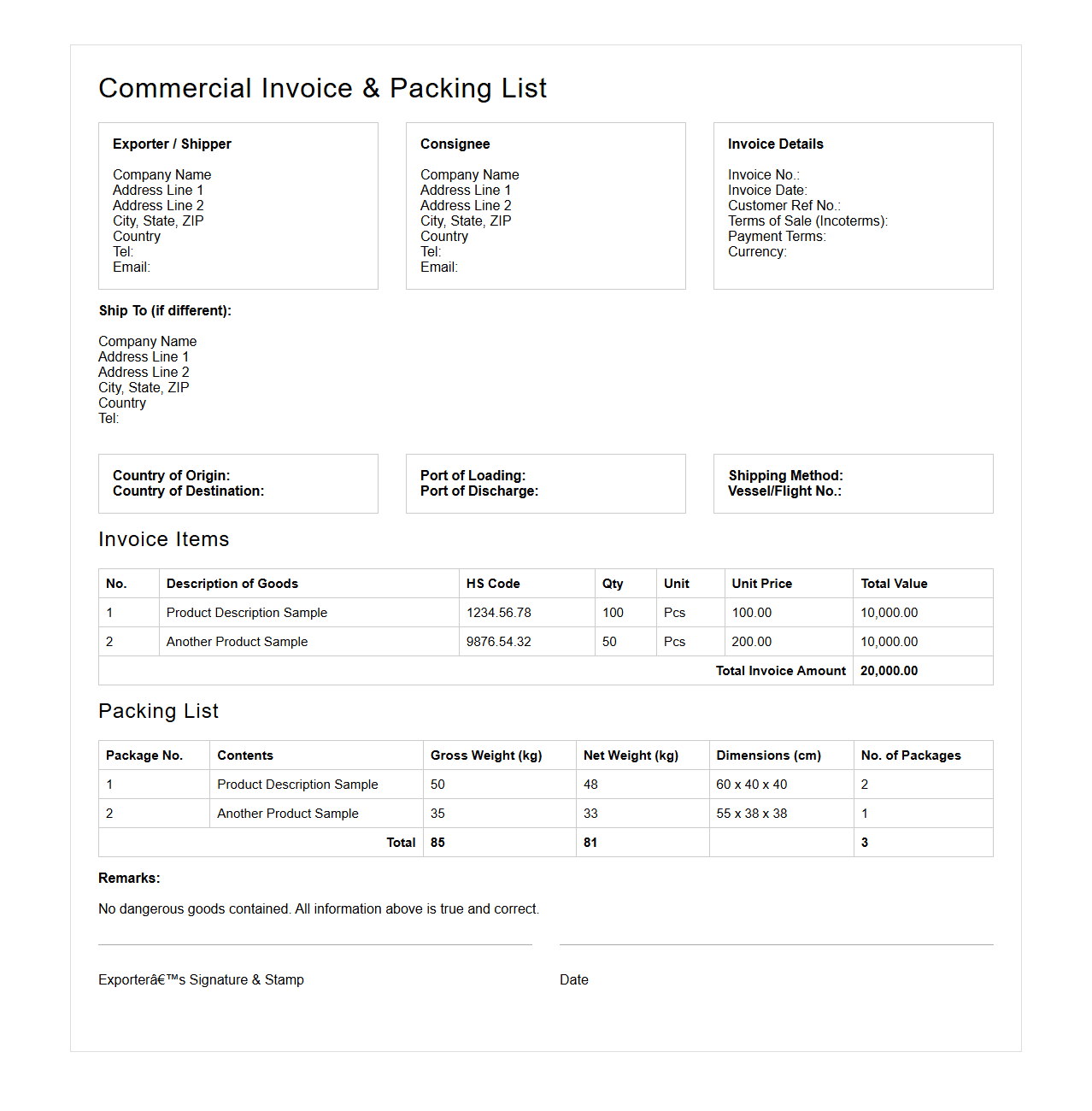 International Shipping Commercial Invoice with Packing List