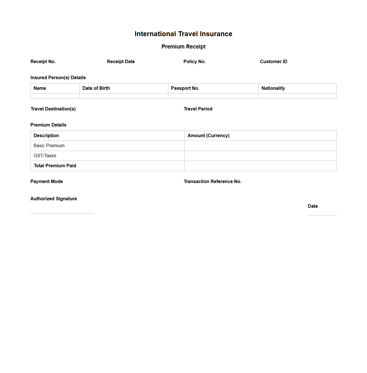 International Travel Insurance Premium Receipt Format