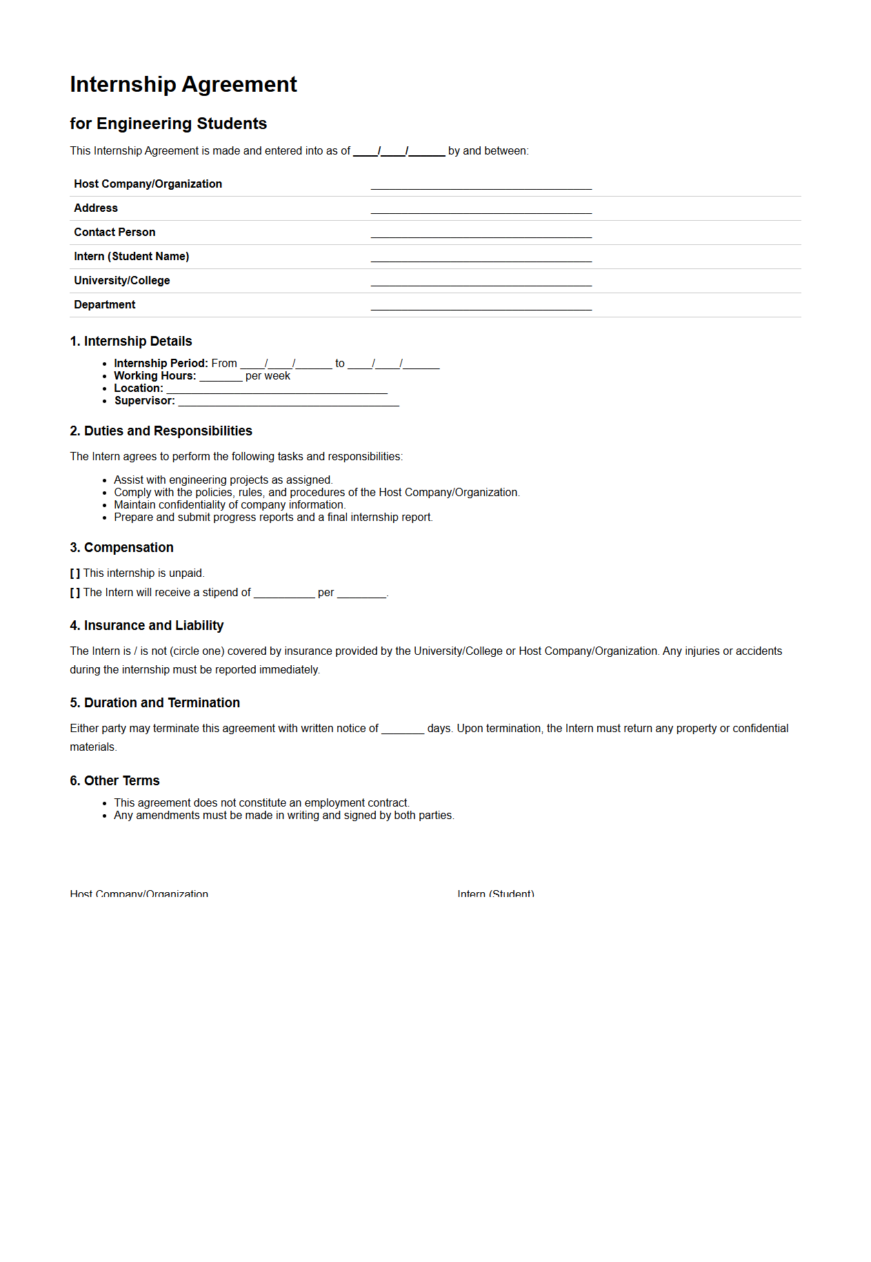 Internship Agreement Sample for Engineering Students