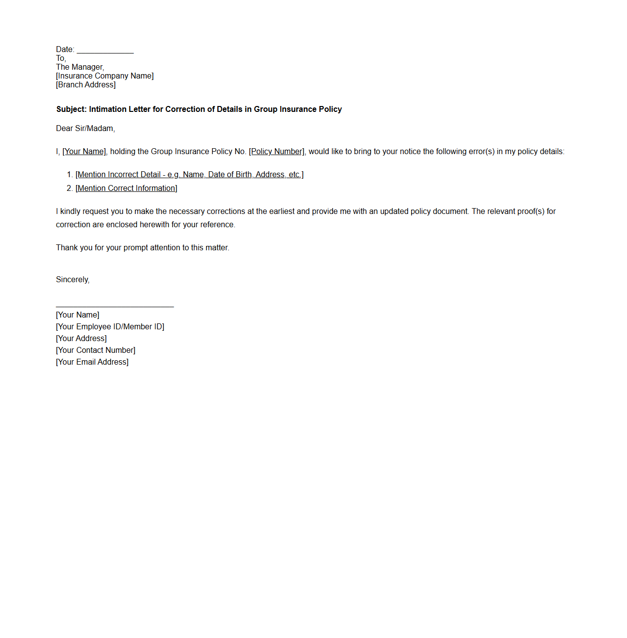 Intimation Letter for Correction of Details in Group Insurance