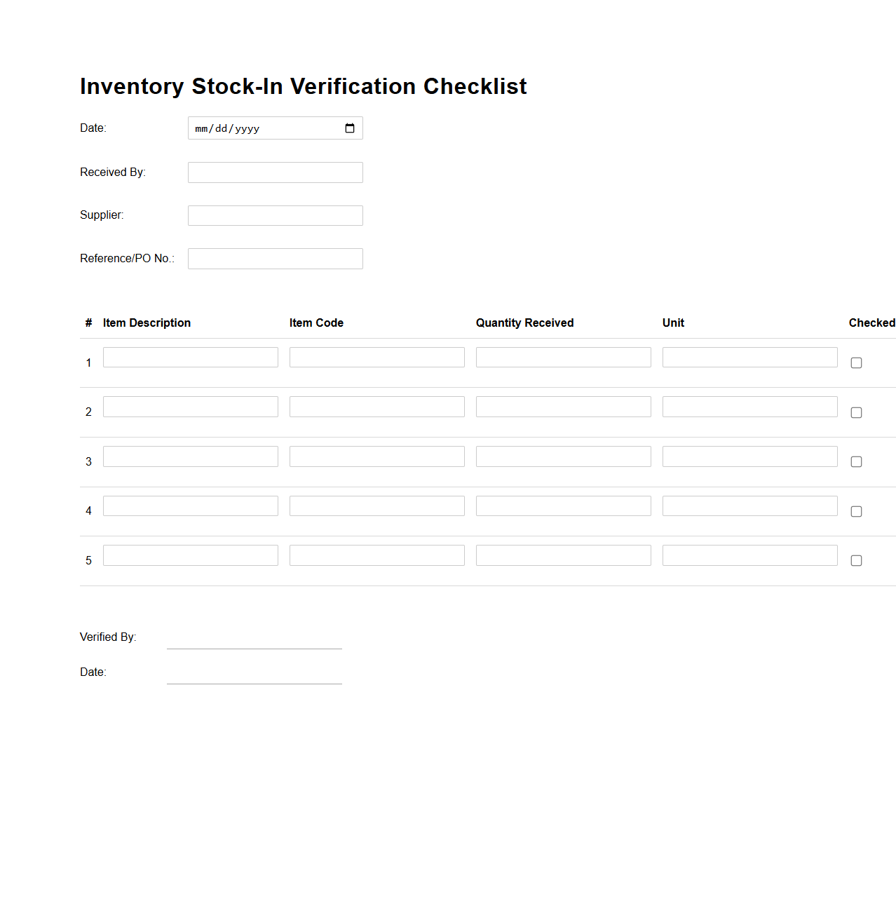 Inventory Stock-In Verification Checklist