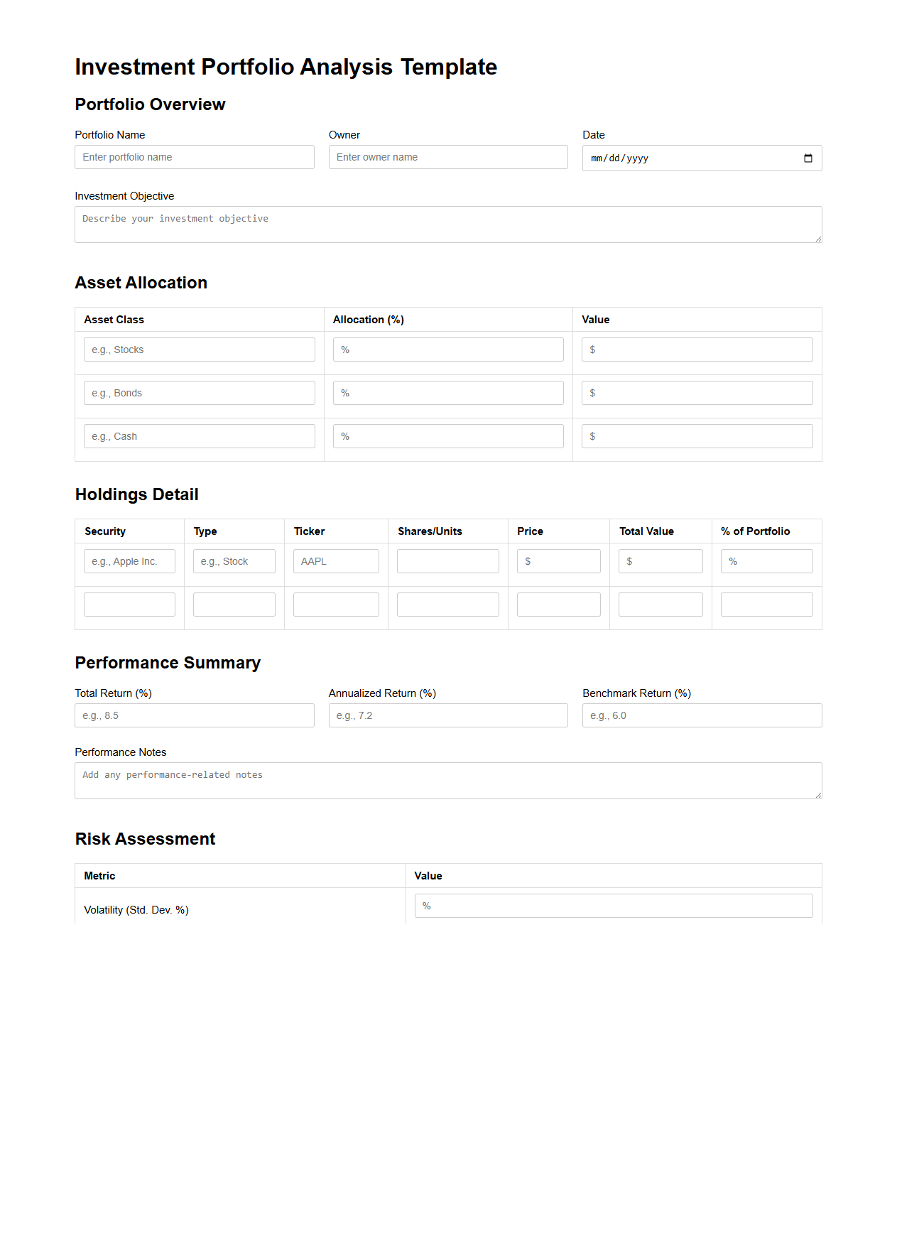 Investment Portfolio Analysis Template