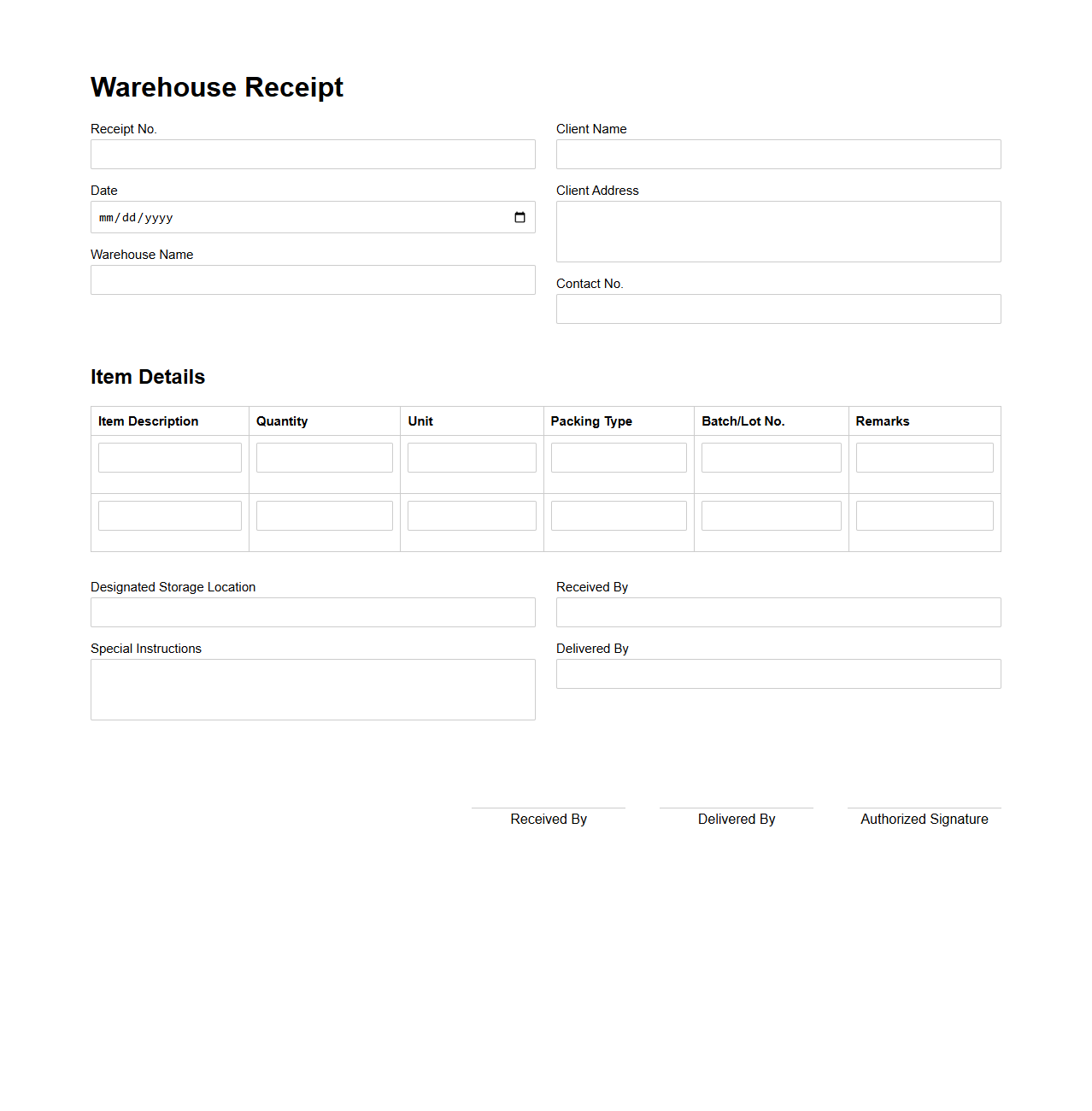 Item Entry Warehouse Receipt for Storage Facilities
