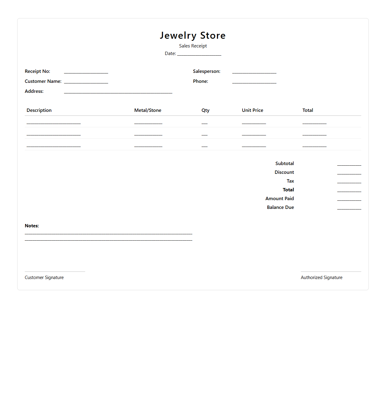 Jewelry Store Sales Receipt Template