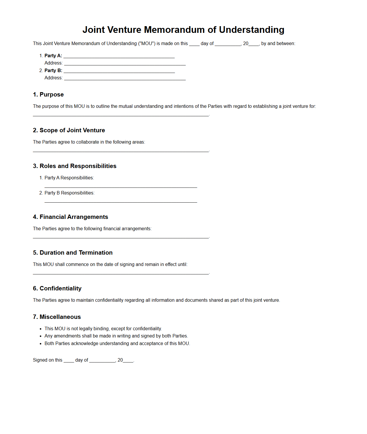 Joint Venture Memorandum of Understanding Template