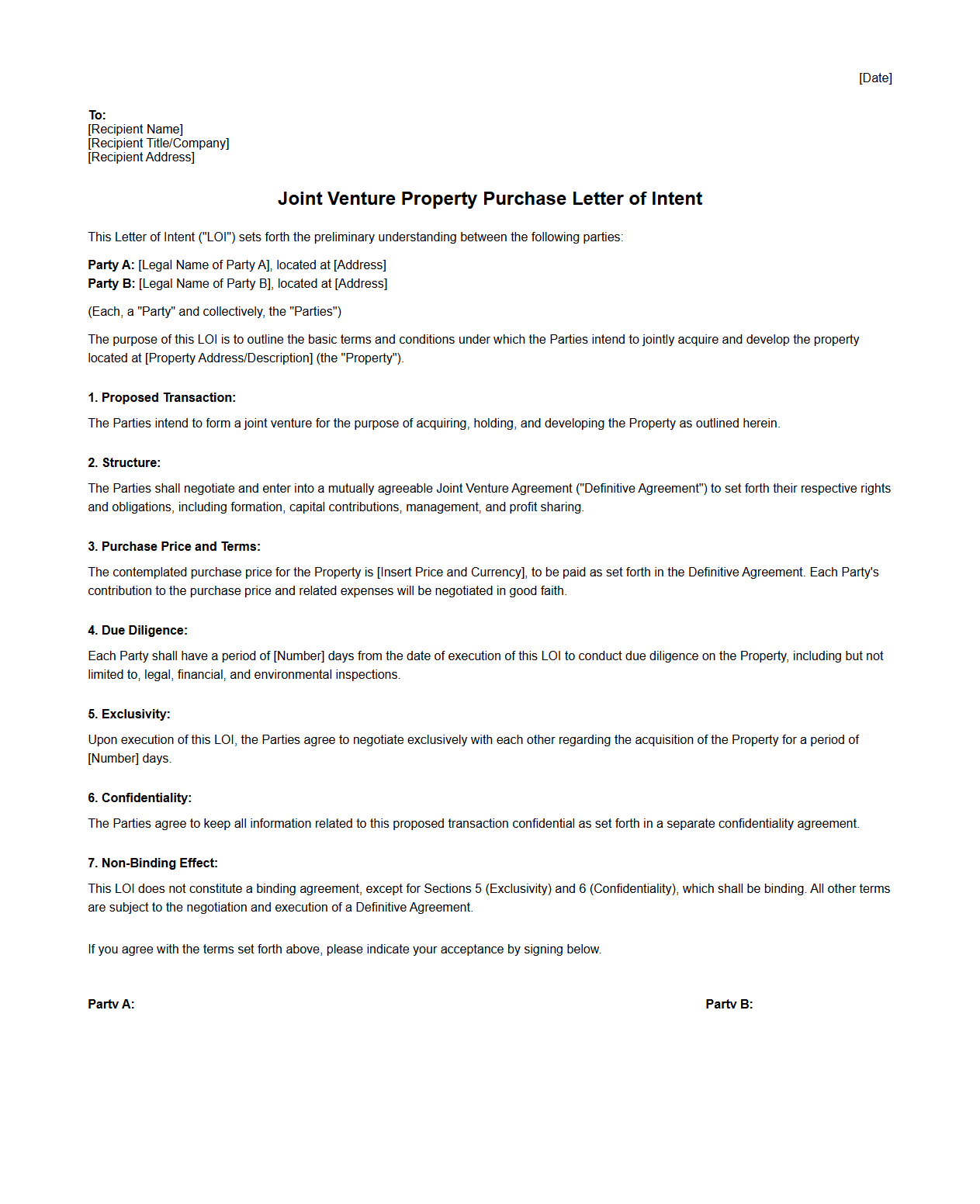 Joint Venture Property Purchase Letter of Intent