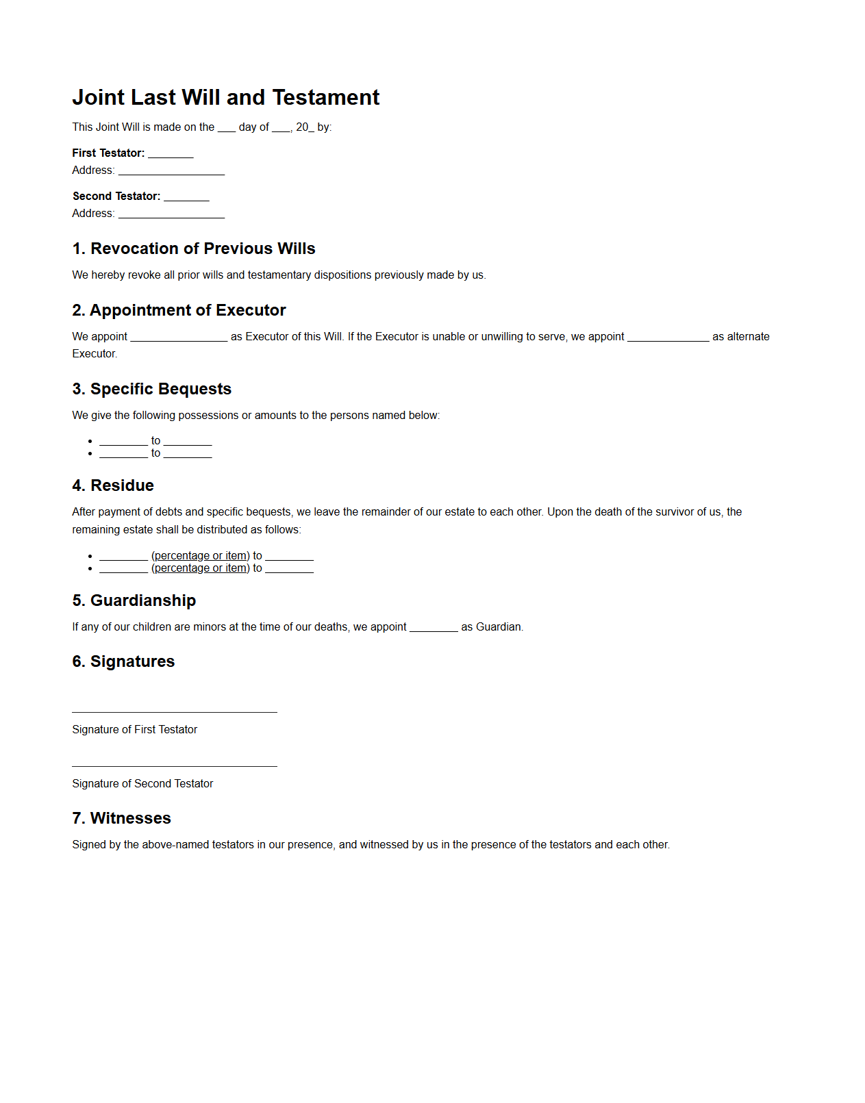 Joint Will Template for Married Couples