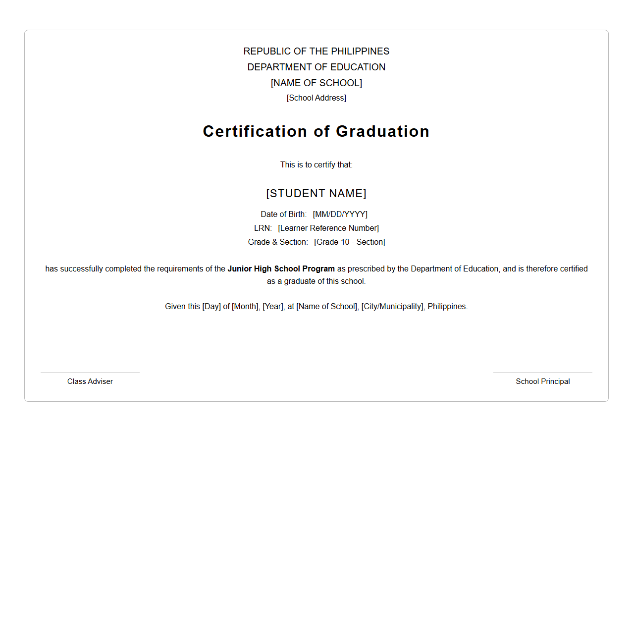 Junior High School Certification of Graduation