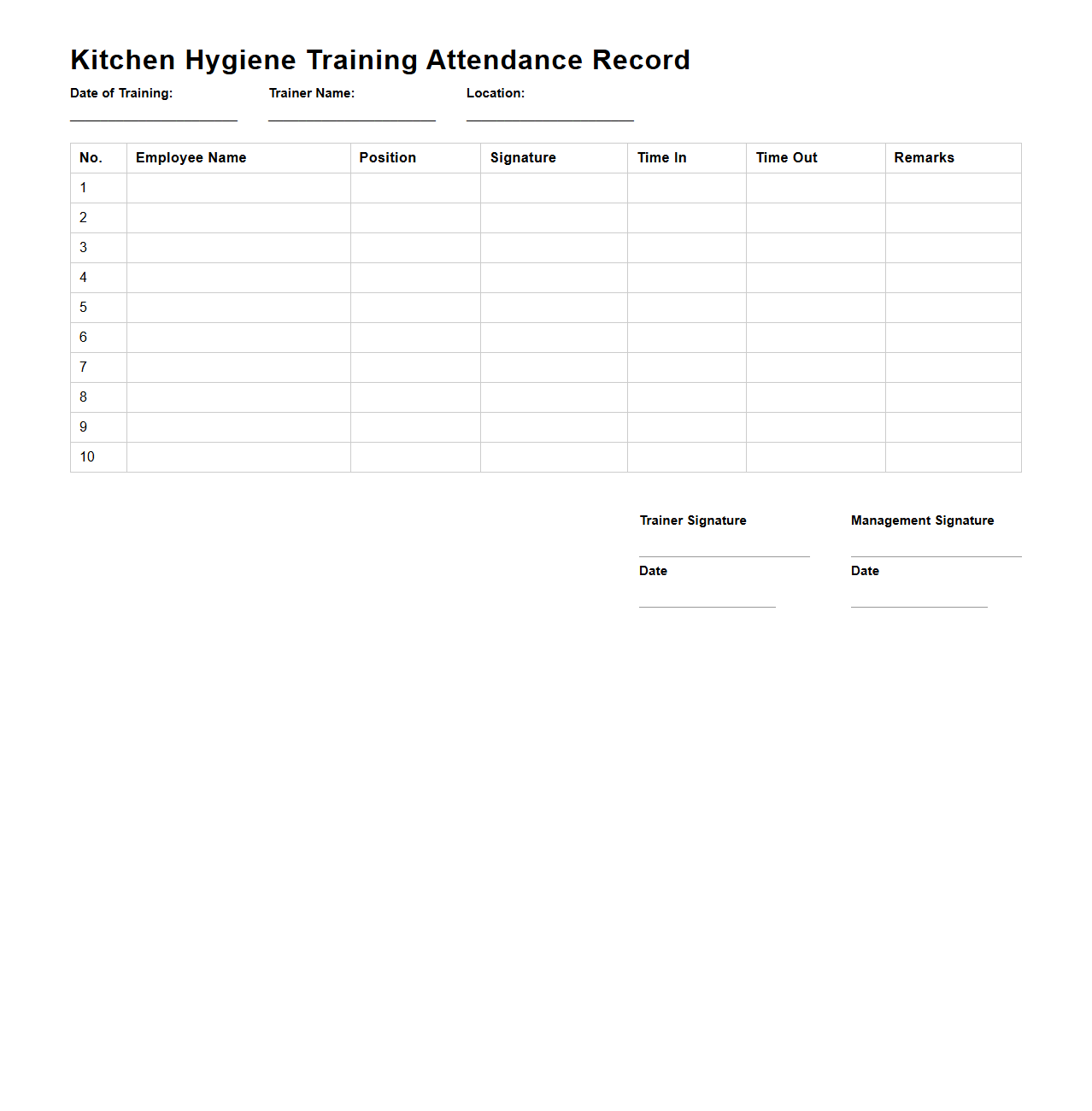 Kitchen Hygiene Training Attendance Record for Restaurant Employees