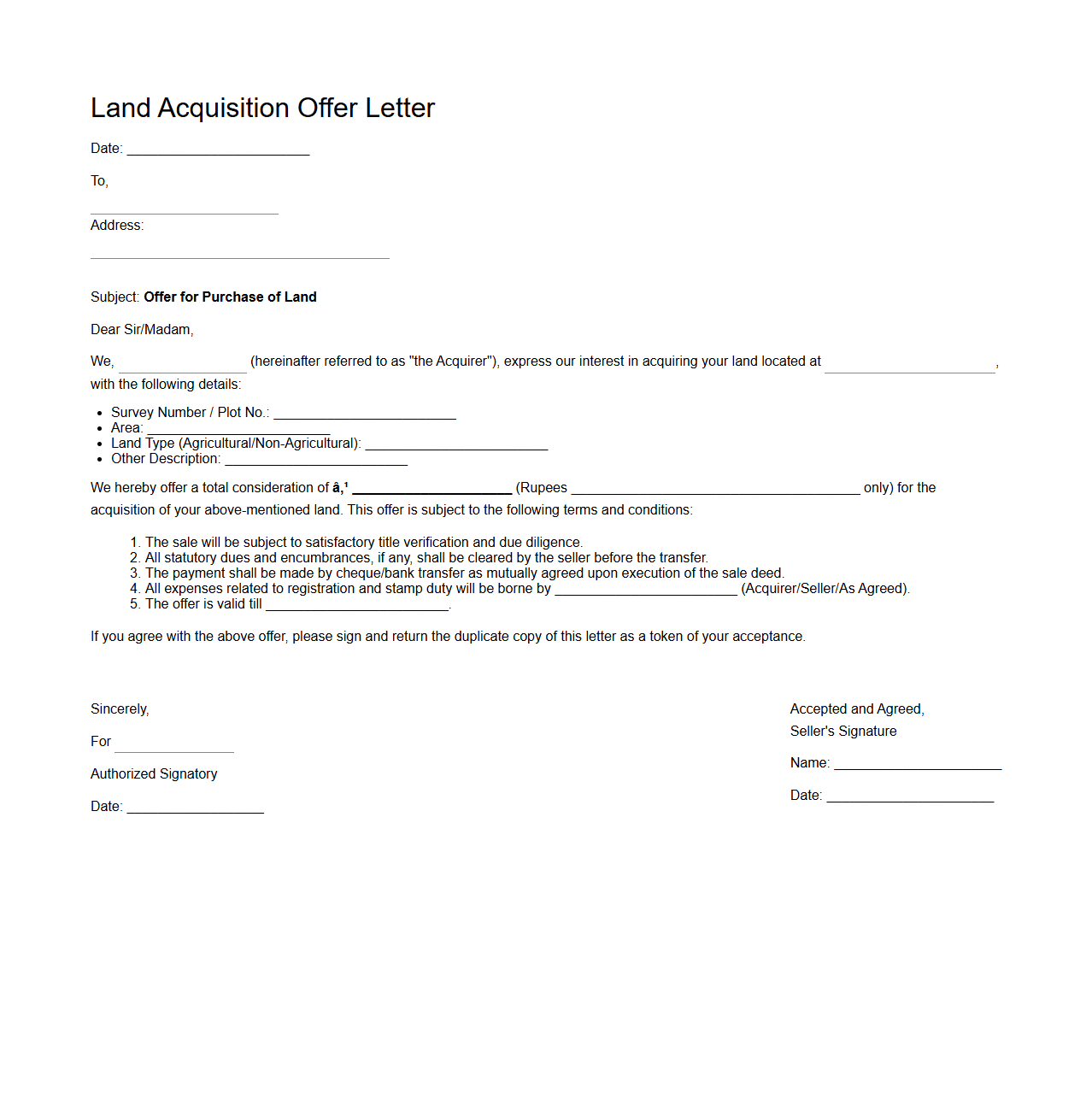 Land Acquisition Offer Letter Sample