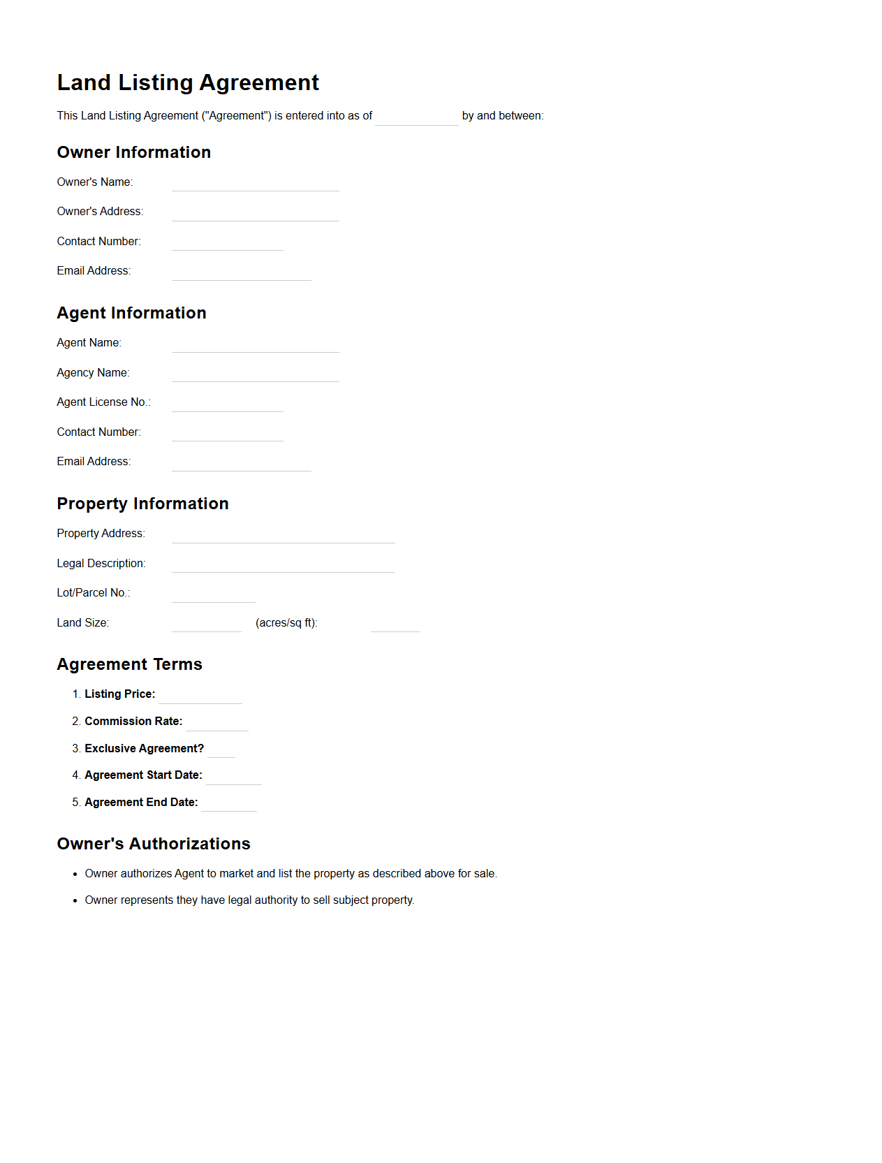 Land Listing Agreement Document for Agents