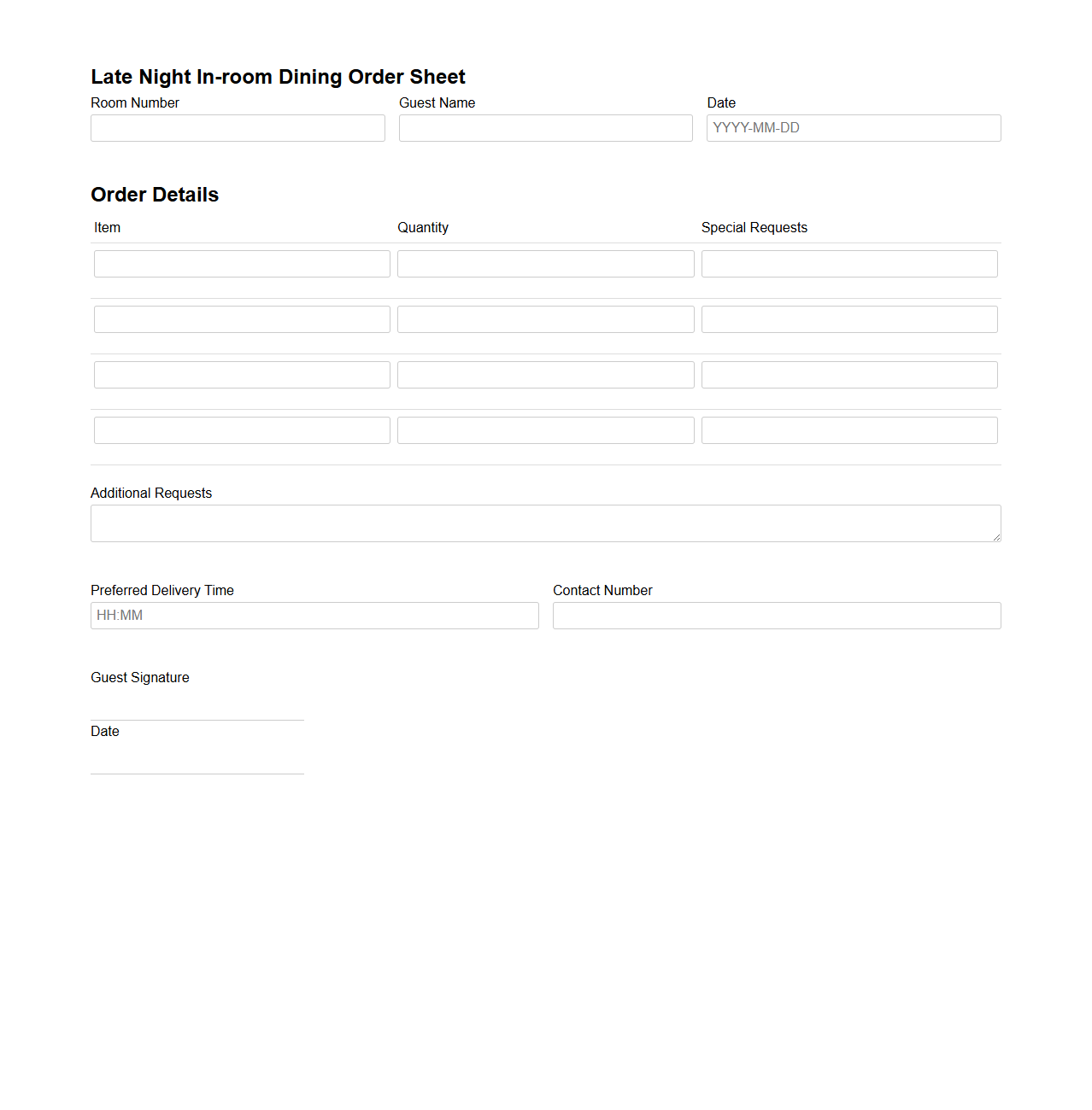 Late Night In-room Dining Order Sheet