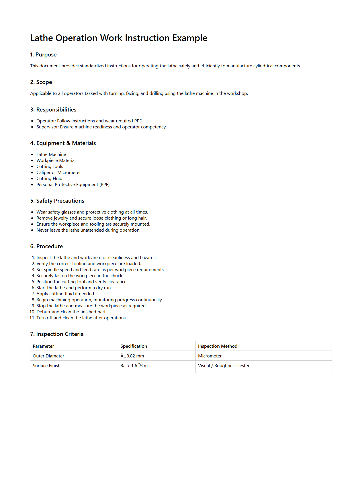 Lathe Operation Work Instruction Example