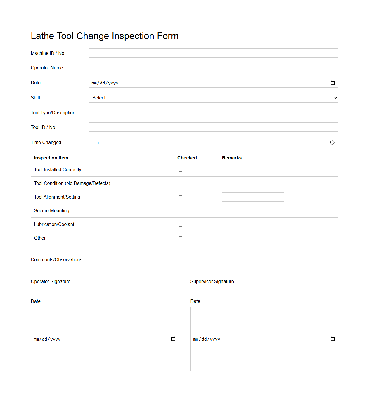 Lathe Tool Change Inspection Form