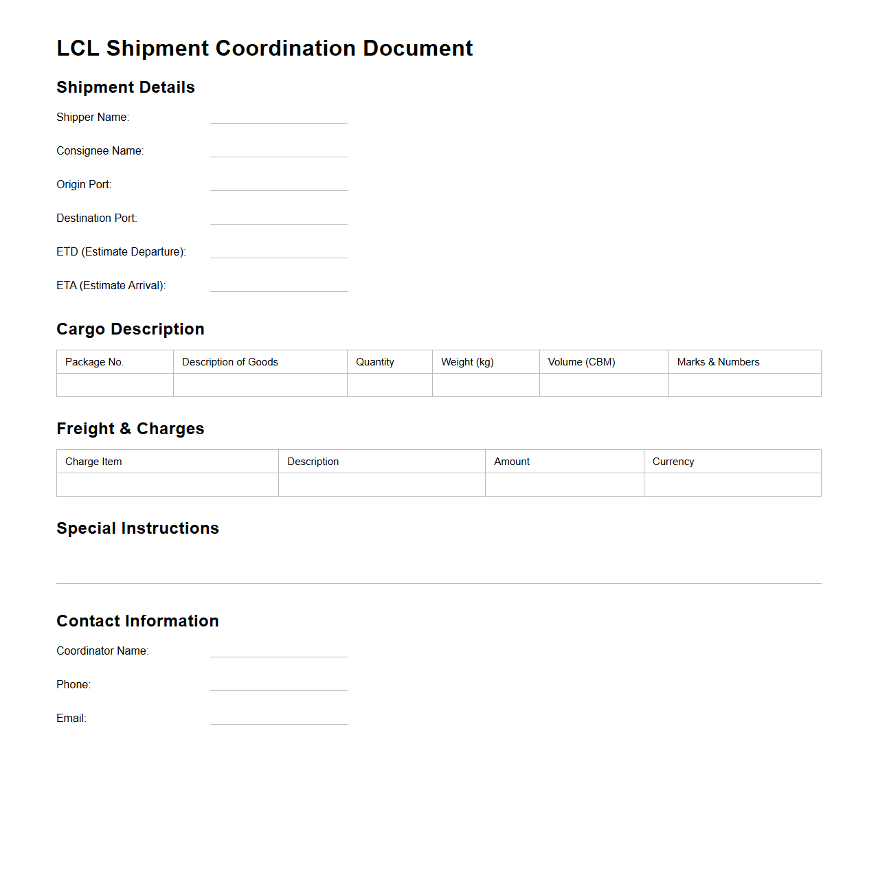 LCL Shipment Coordination Document Example