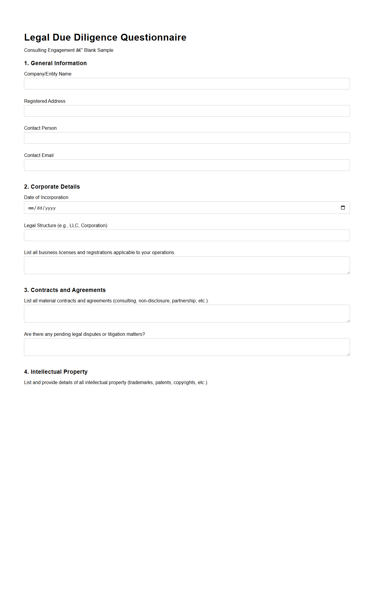 Legal Due Diligence Questionnaire for Consulting Engagements
