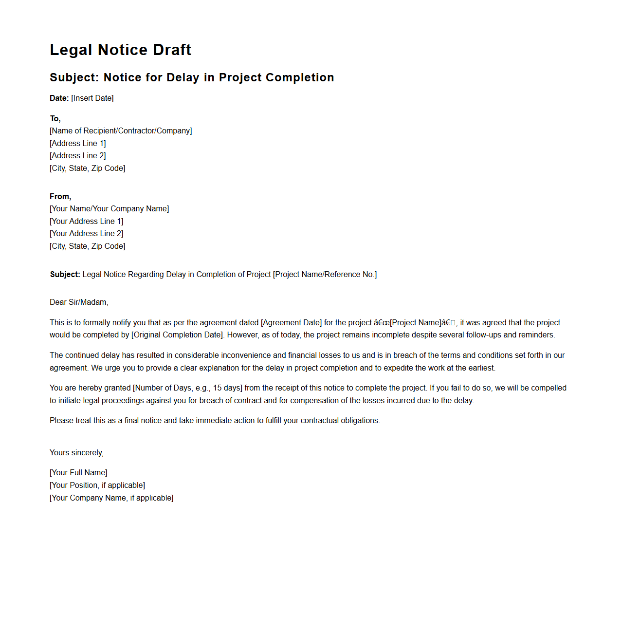 Legal Notice Draft for Delay in Project Completion