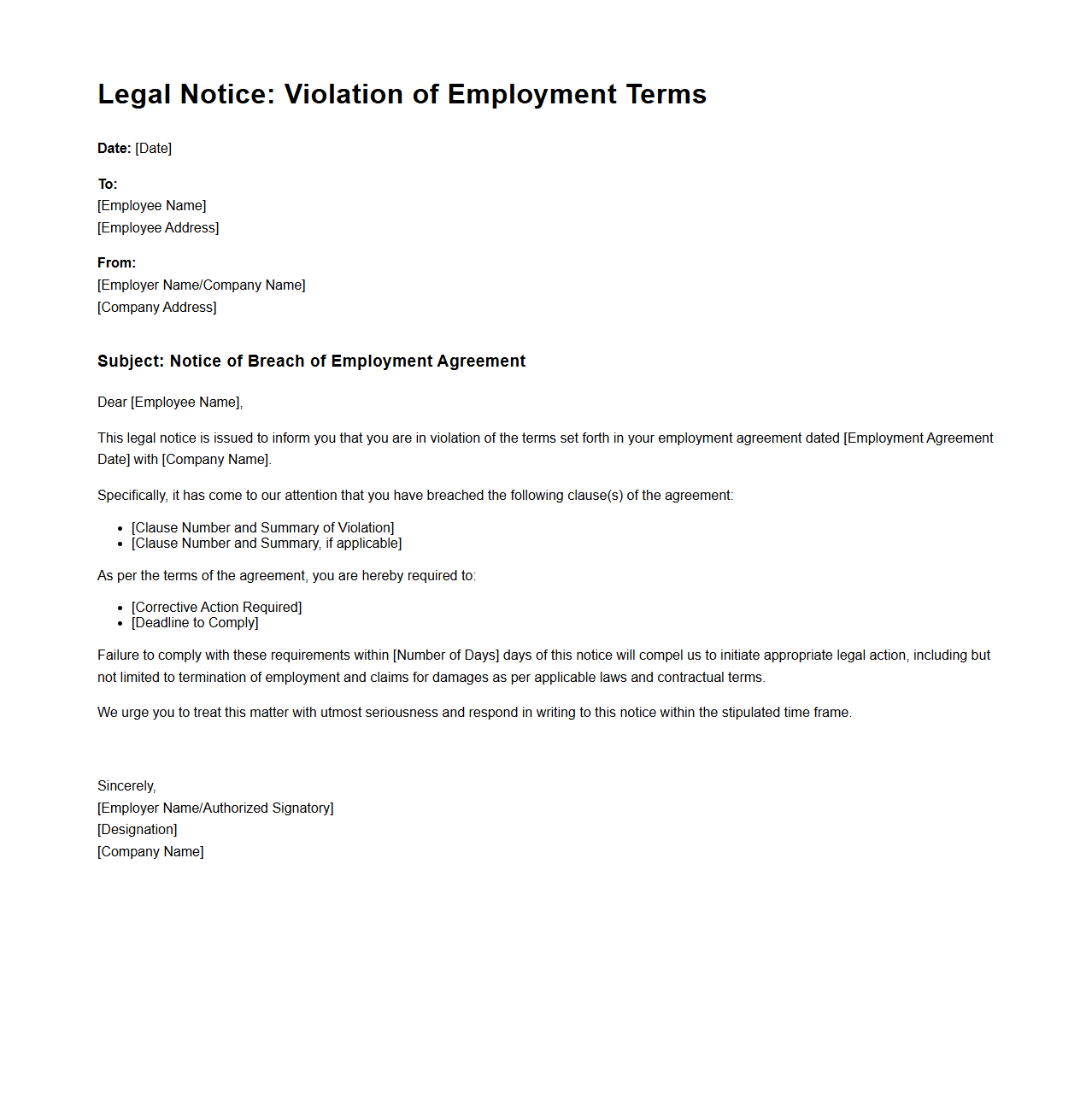 Legal Notice Example for Violation of Employment Terms