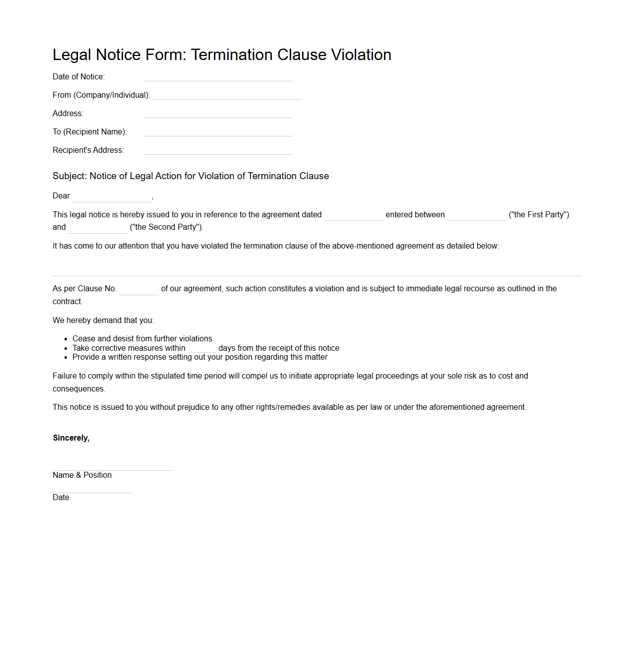 Legal Notice Form for Termination Clause Violation