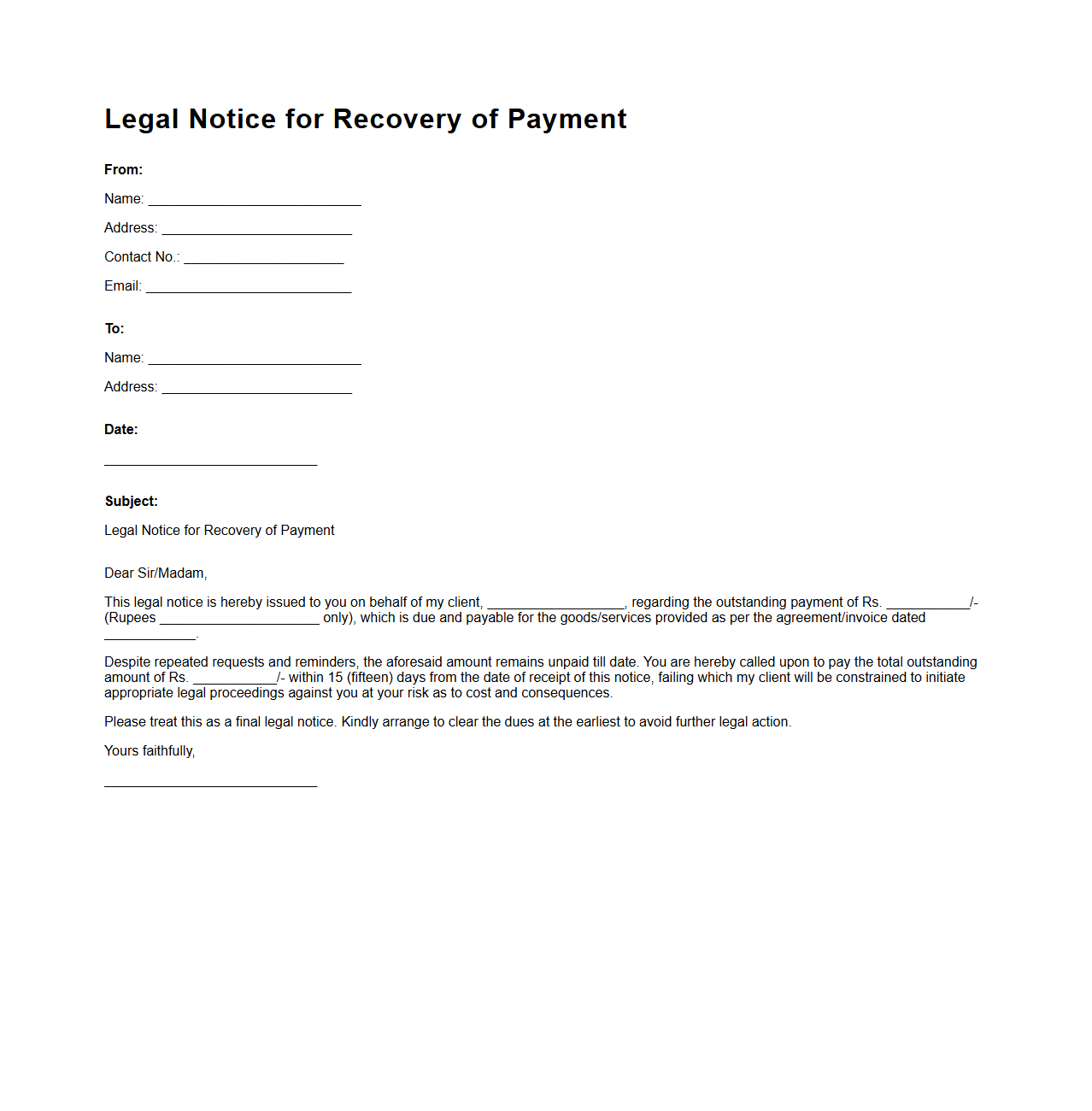Legal Notice for Recovery of Payment from Client