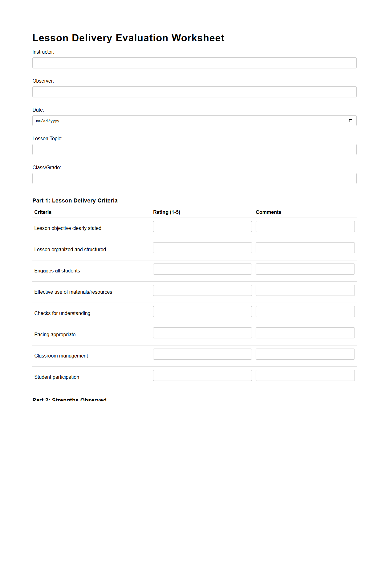 Lesson Delivery Evaluation Worksheet