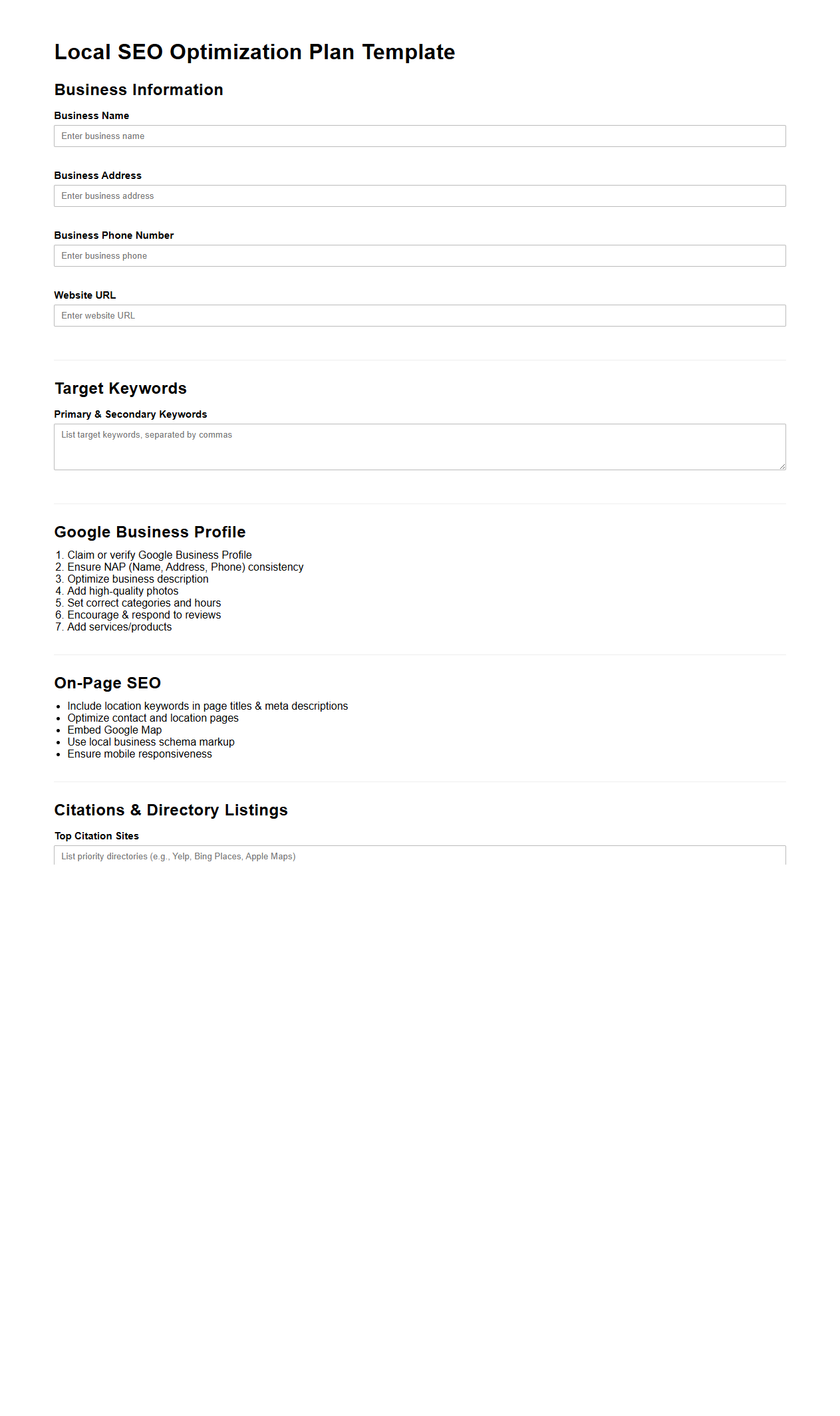 Local SEO Optimization Plan Template