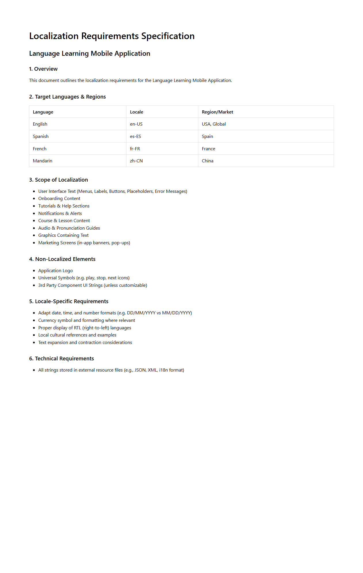Localization Requirements Specification for Language Learning Mobile Application