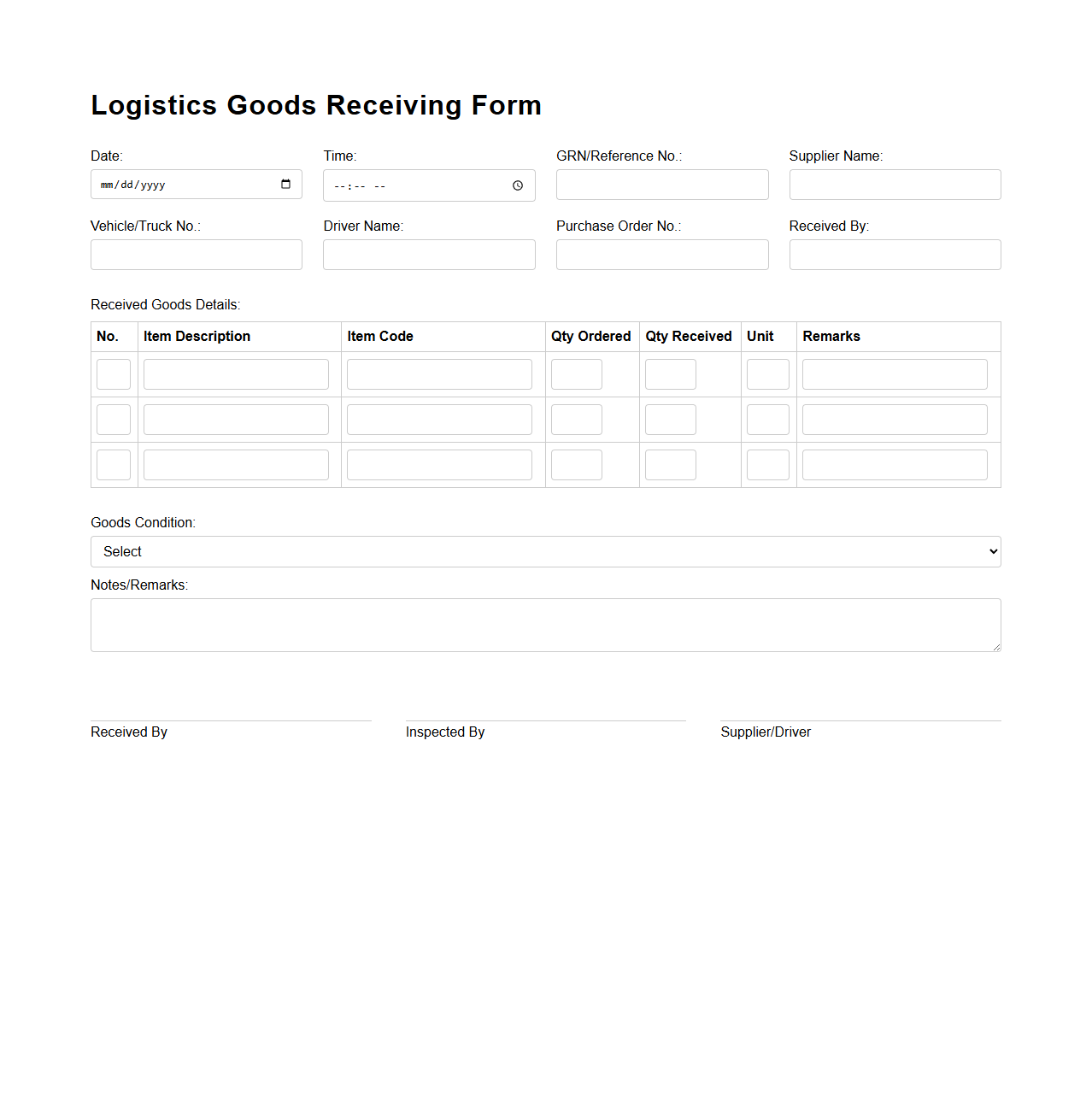 Logistics Goods Receiving Form