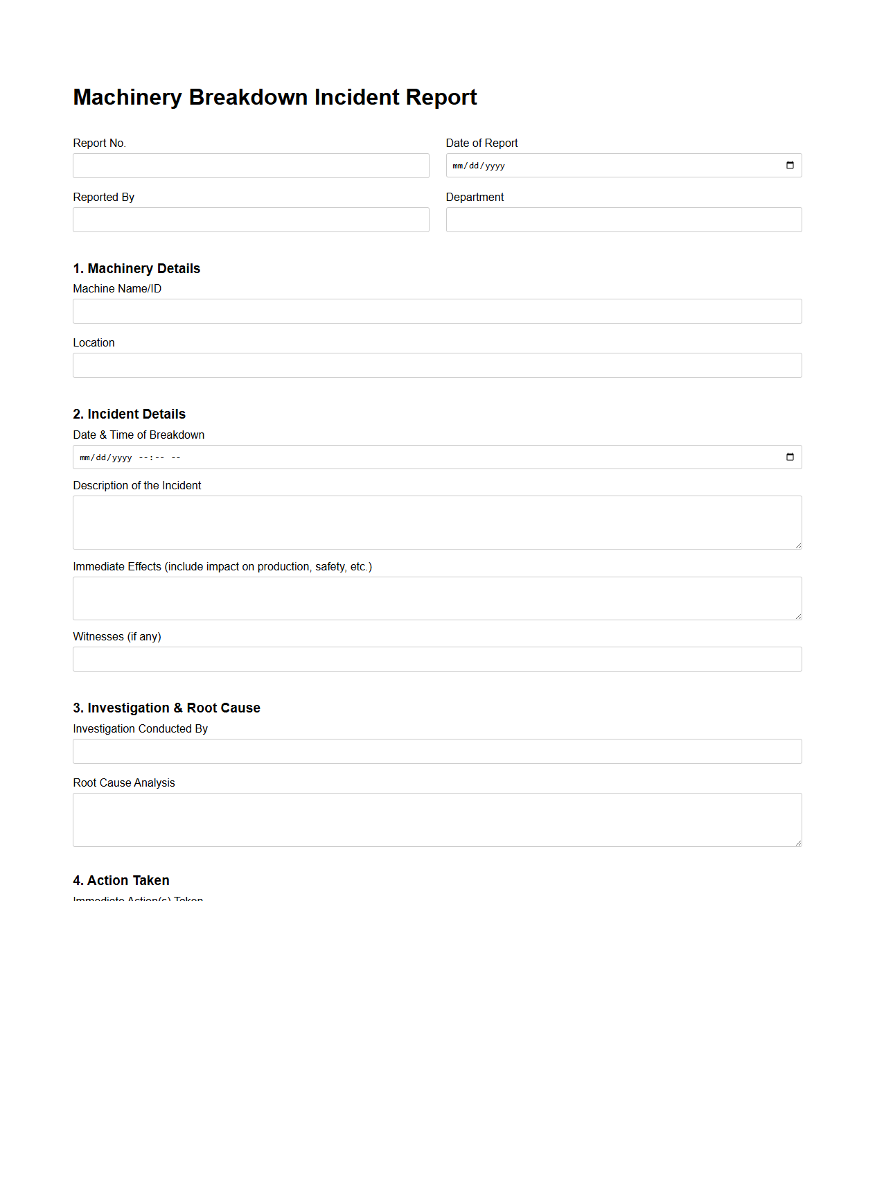 Machinery Breakdown Incident Report Sample for Manufacturing