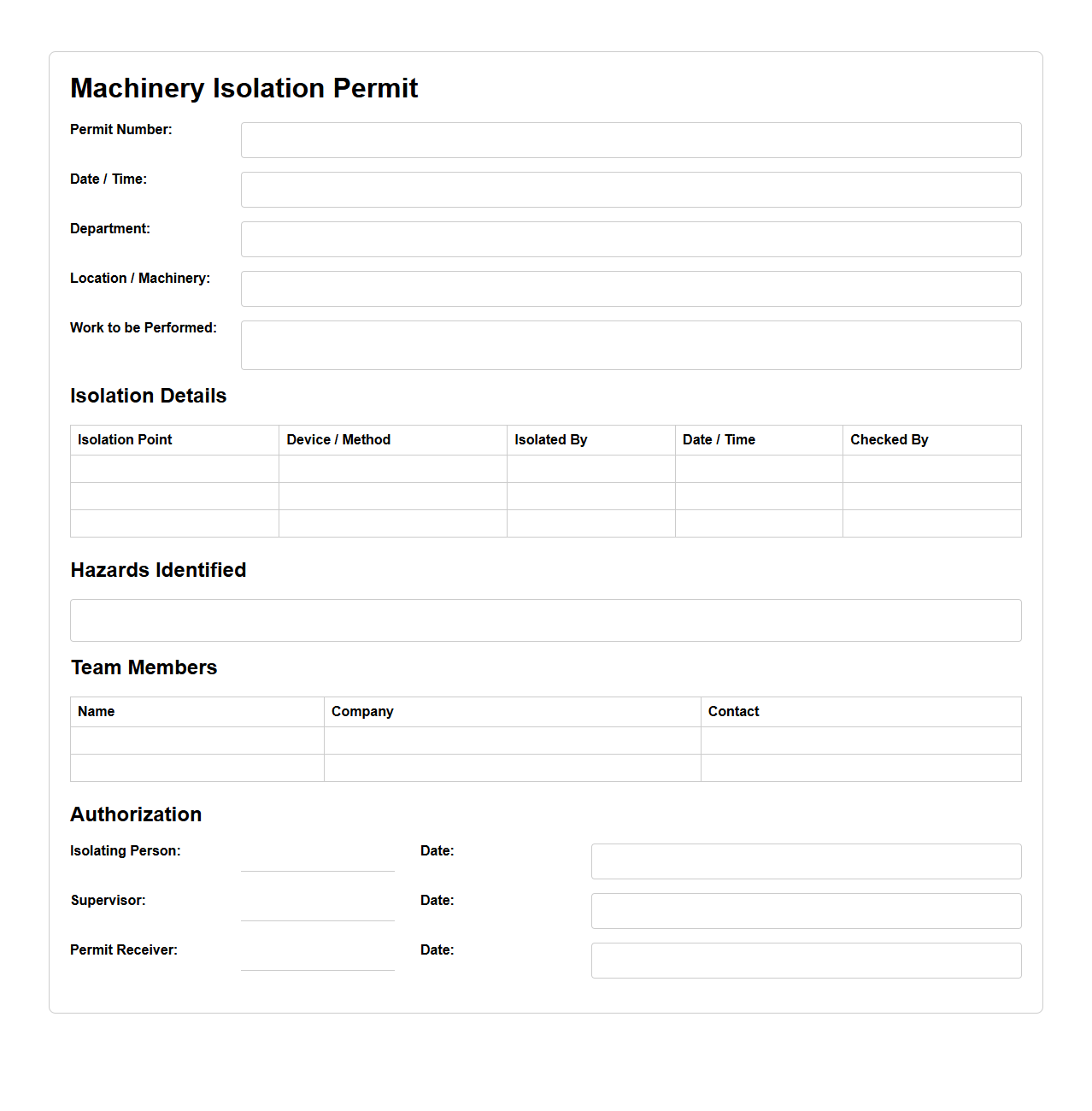 Machinery Isolation Permit Example for Construction Teams