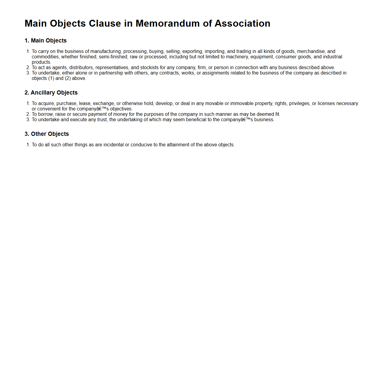 Main Objects Clause in Memorandum of Association Sample