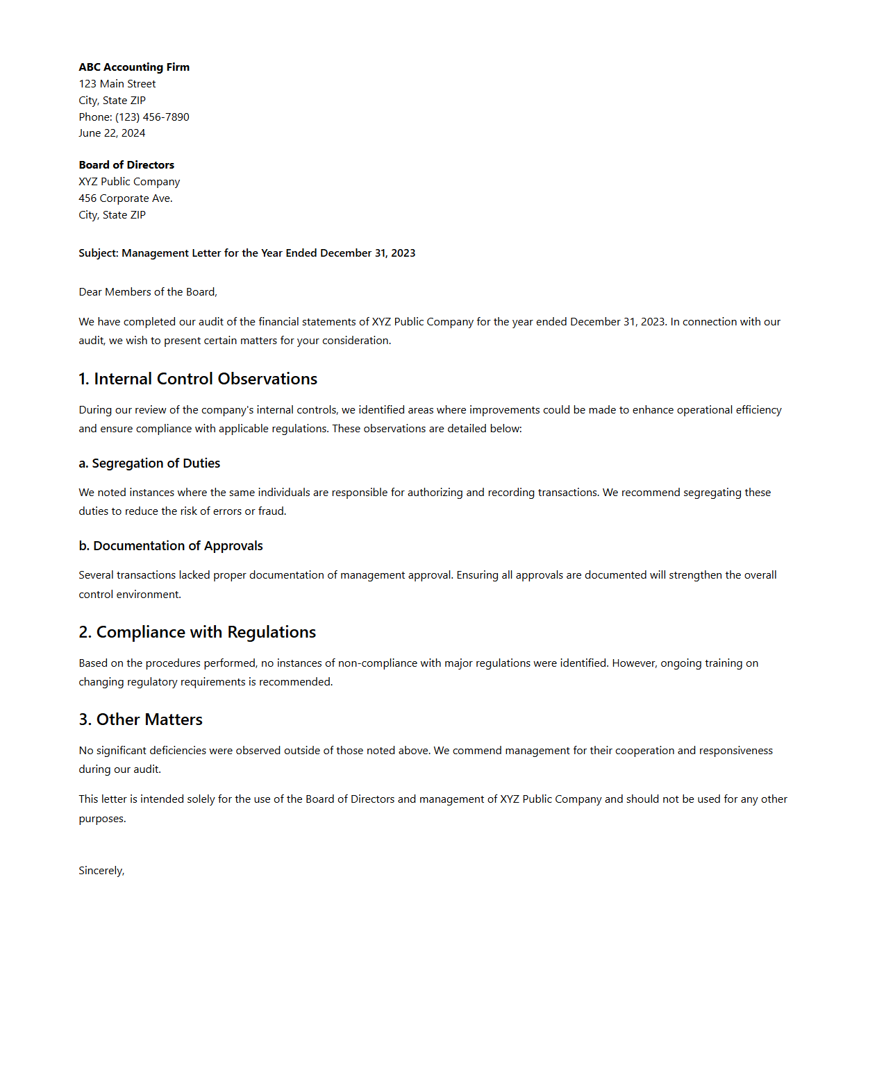 Management Letter Sample for Public Companies