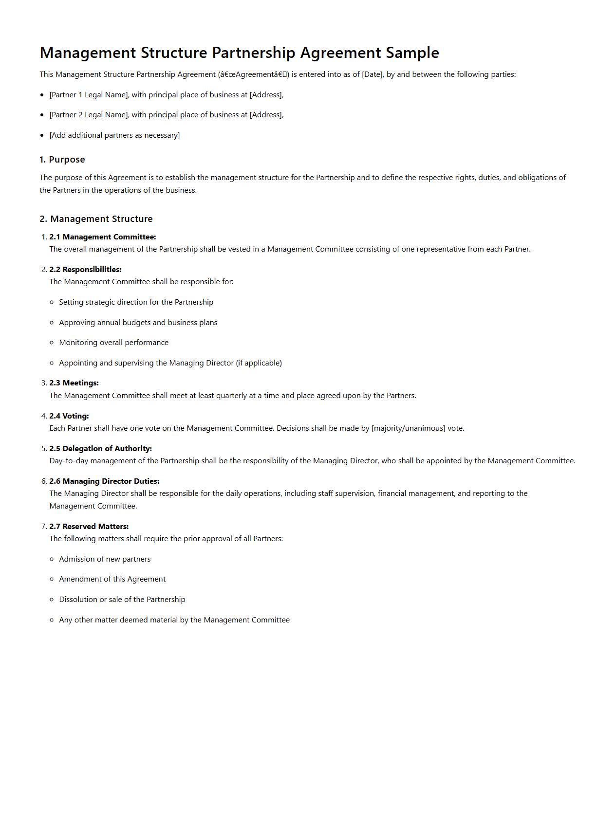 Management Structure Partnership Agreement Sample for Companies
