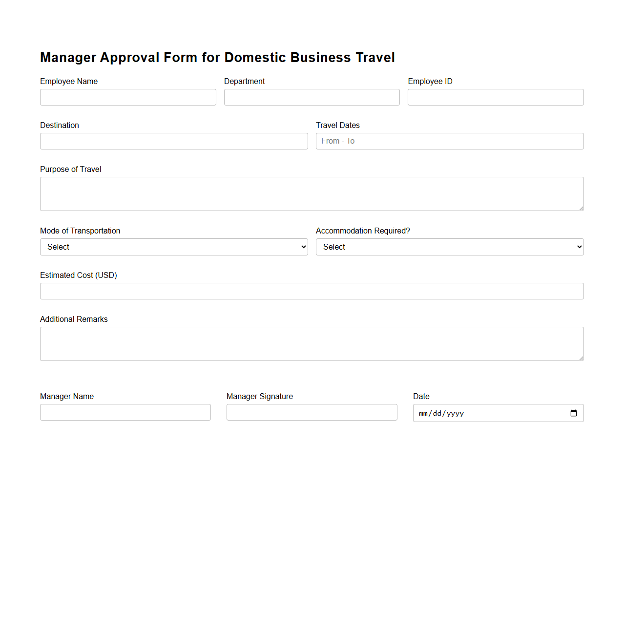 Manager Approval Form for Domestic Business Travel