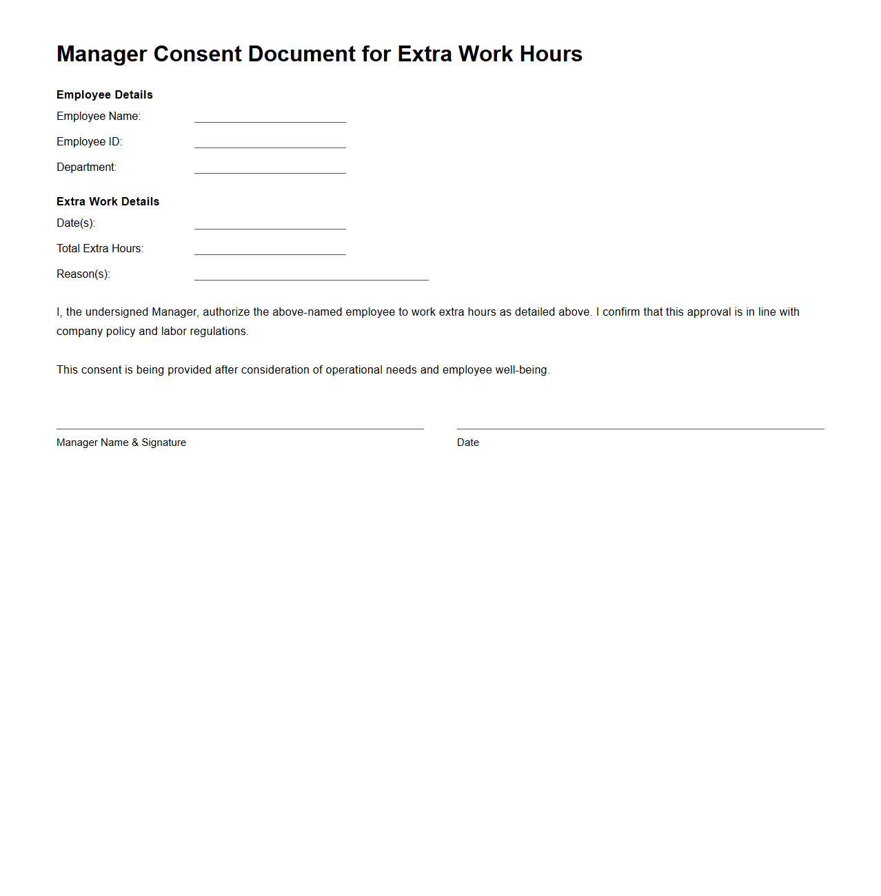 Manager Consent Document for Extra Work Hours