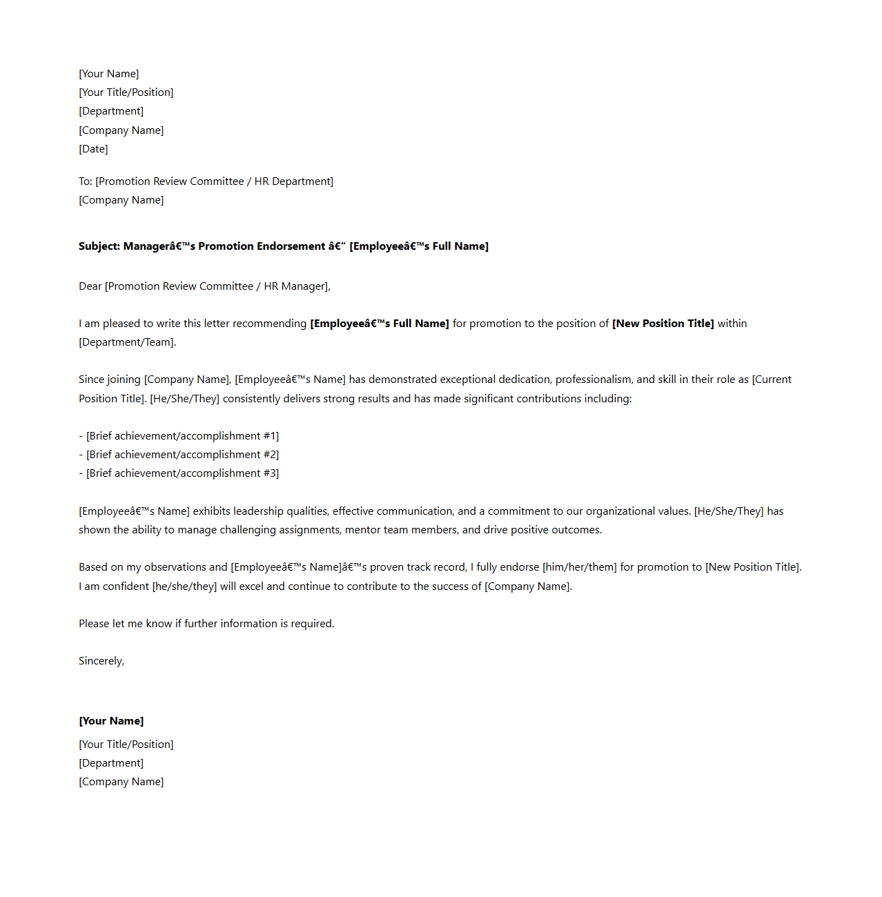 Manager’s Promotion Endorsement Letter Template
