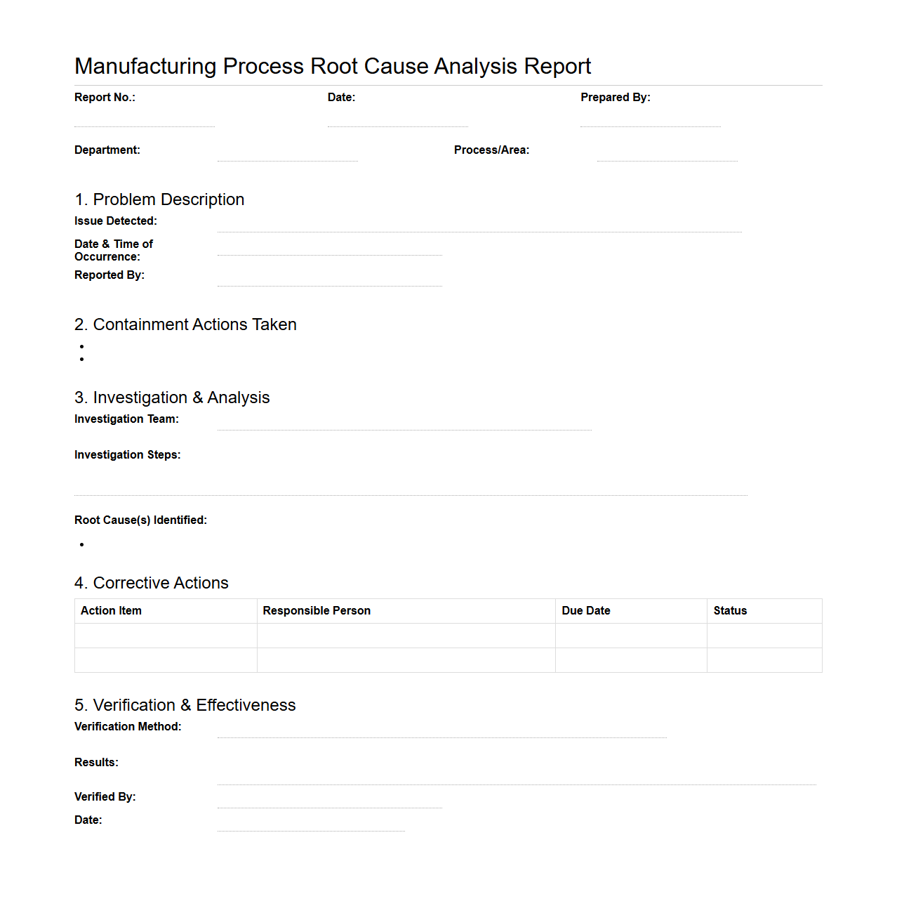 Manufacturing Process Root Cause Analysis Report