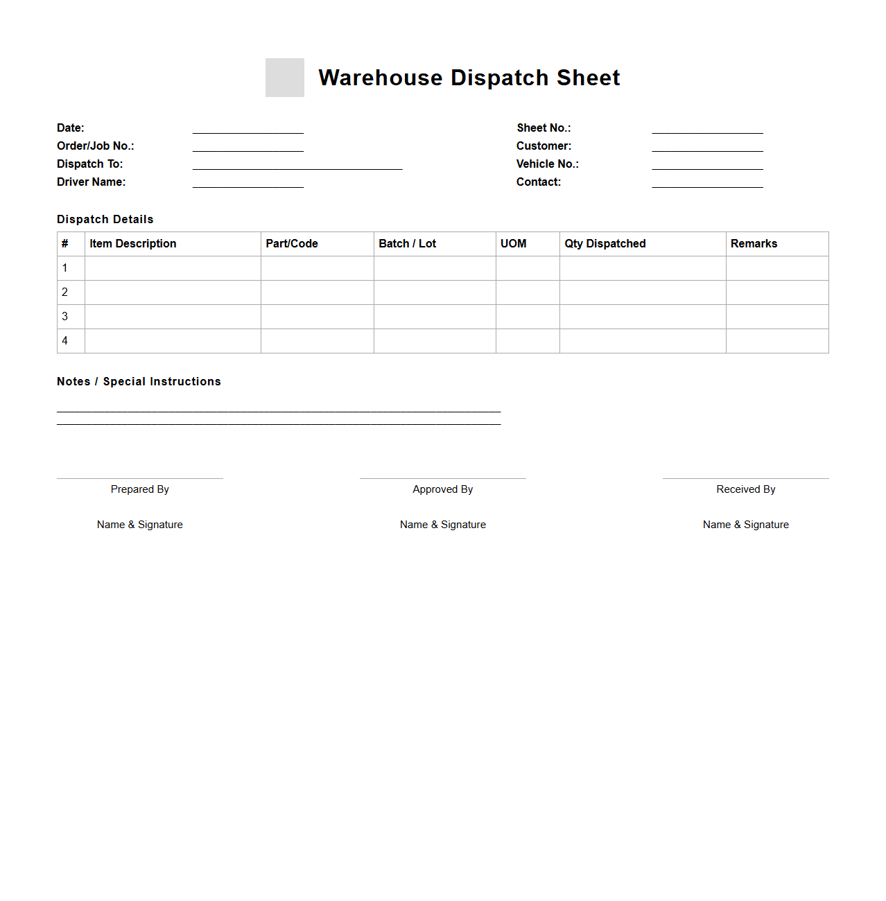 Manufacturing Warehouse Dispatch Sheet Sample